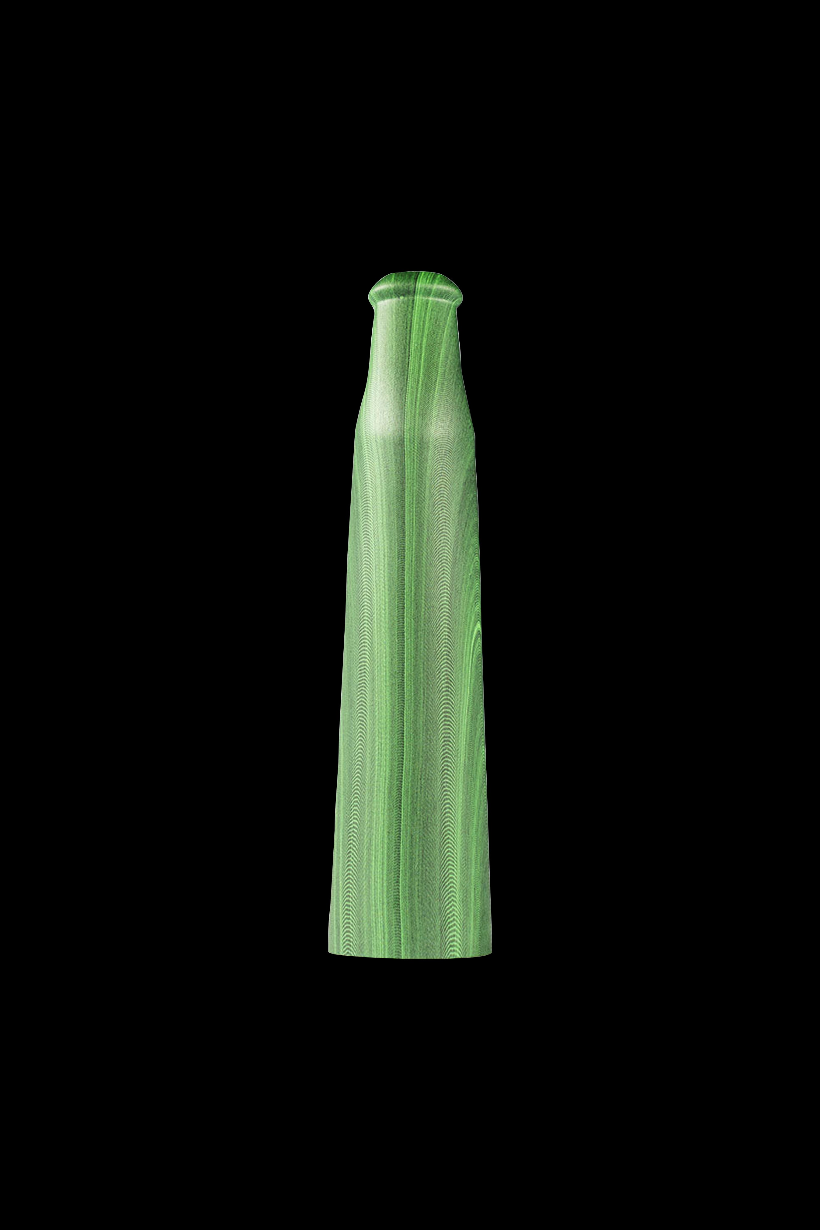 Green glass cannabis bong with a textured, leaf-like pattern against a black background.
