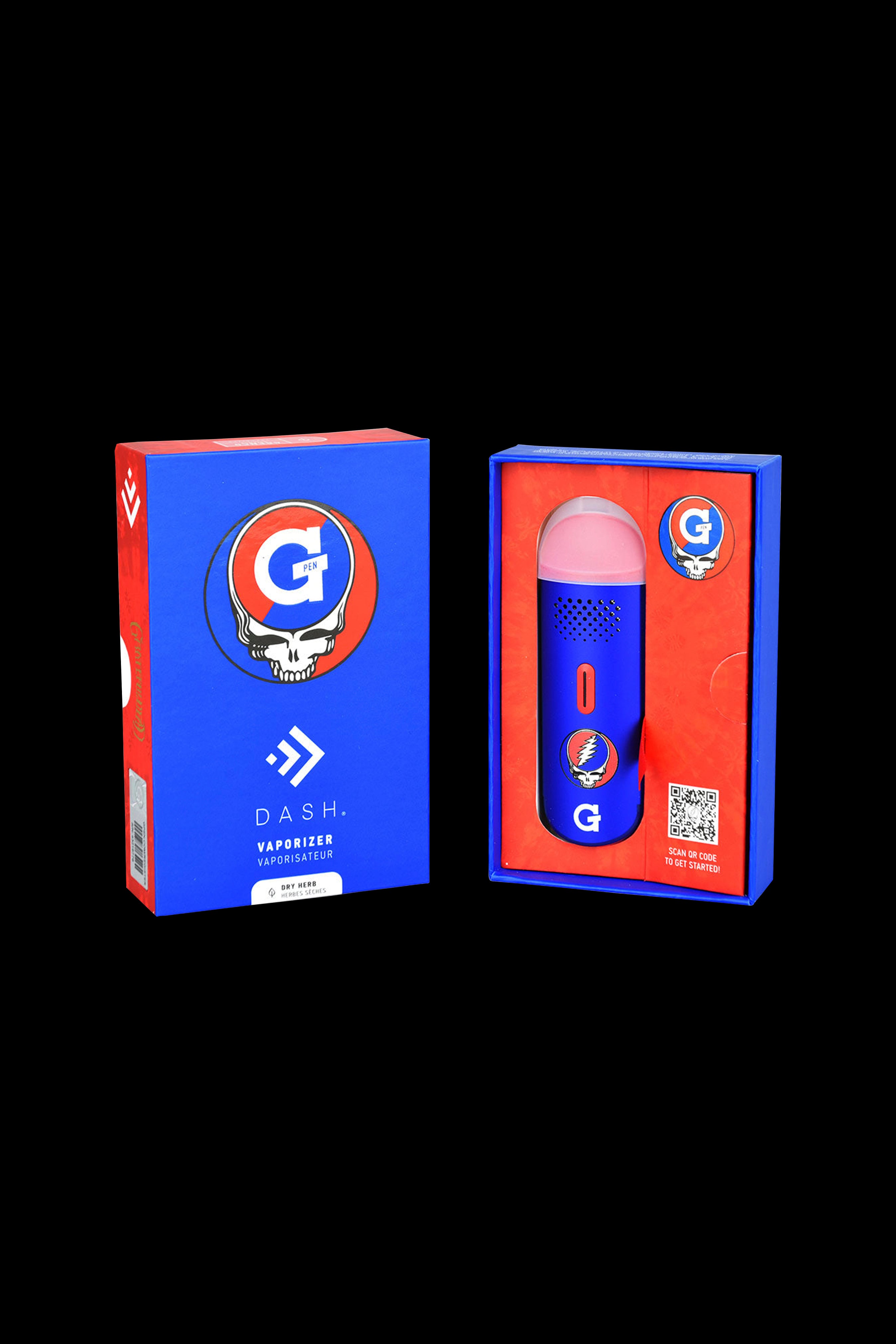 Blue packaging for a “Dash” vaporizer pen with a Grateful Dead “Steal Your Face” logo. <start_of_image>