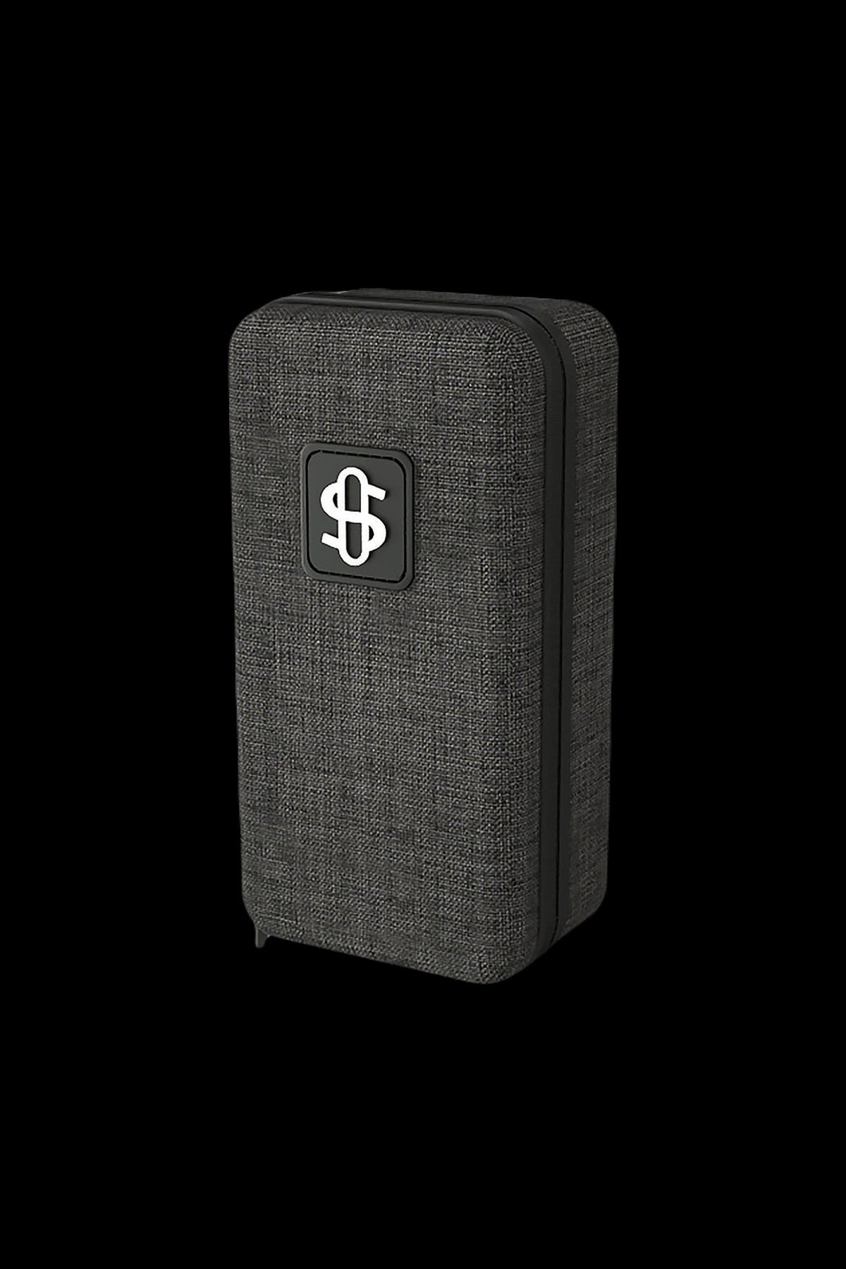 Black cannabis storage case with a dollar sign logo.