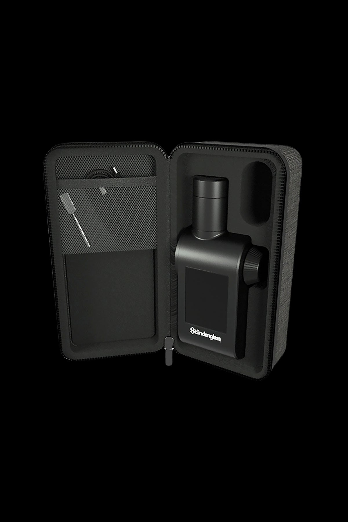 Black Stündenglass portable glass vaporizer in a textured carrying case, open to reveal accessories.