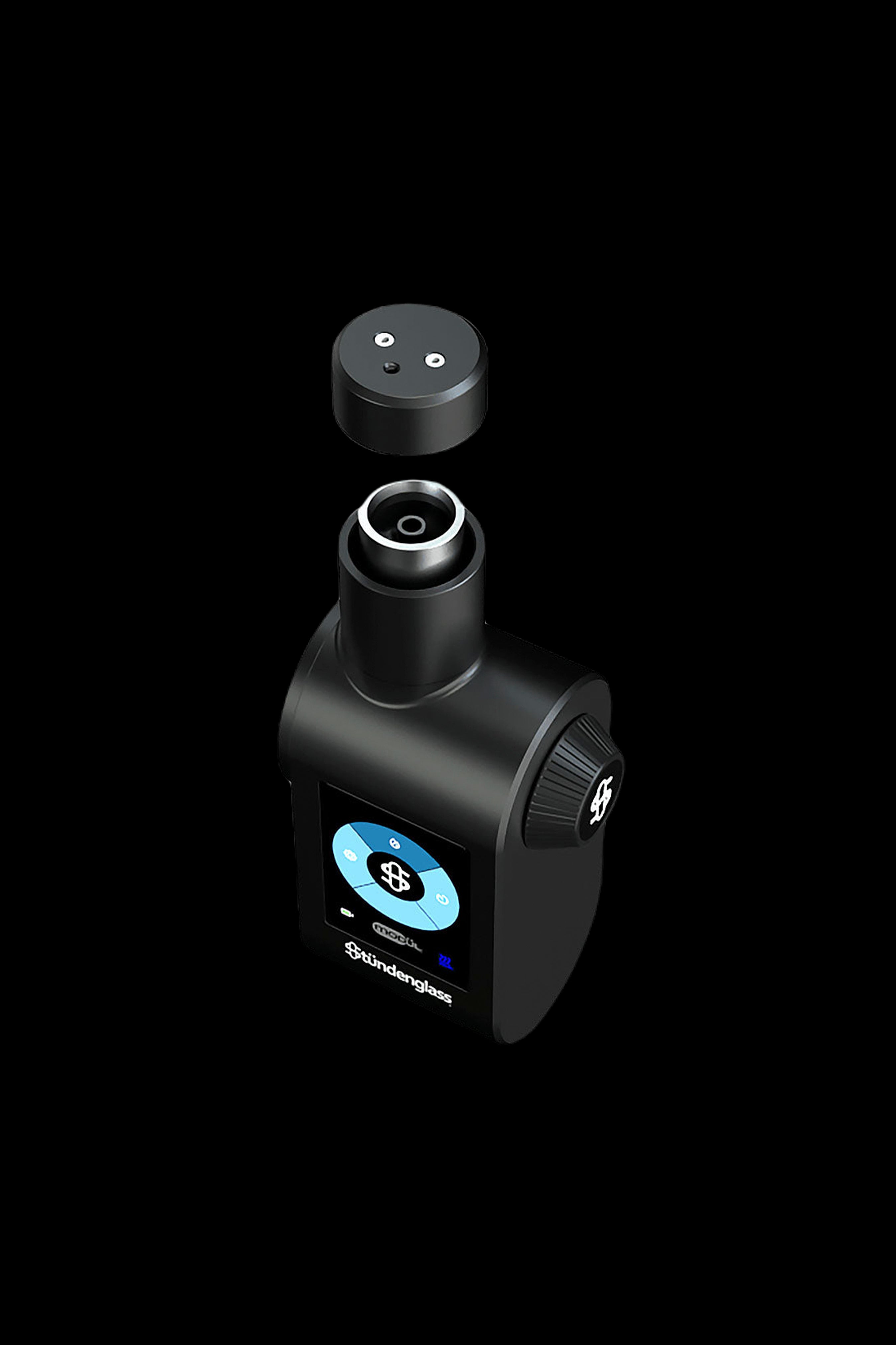 Black Stündenglass gravity hookah with detachable glass mouthpiece hovering above the base, featuring a digital display and illuminated controls.