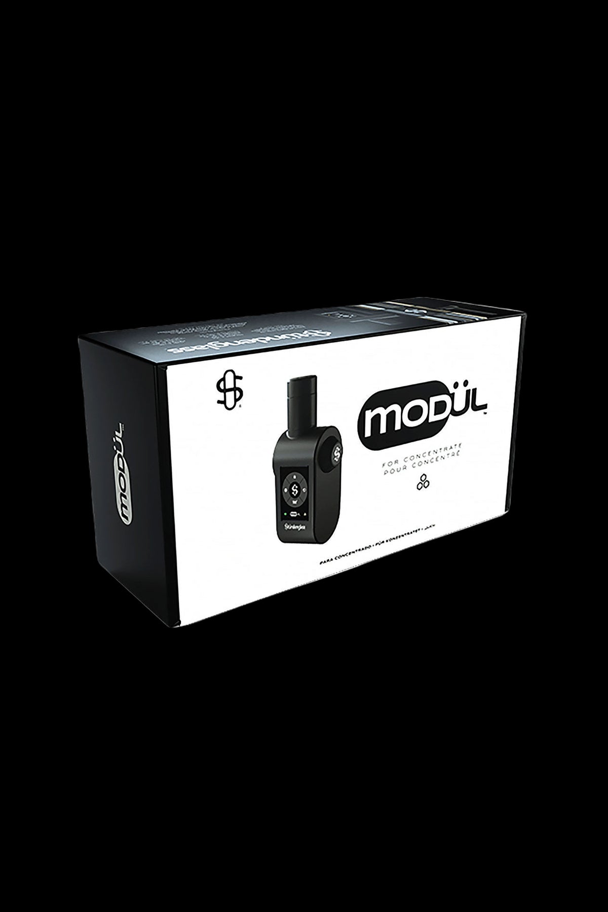 Black and white cannabis concentrate vaporizer packaging with device illustration.
