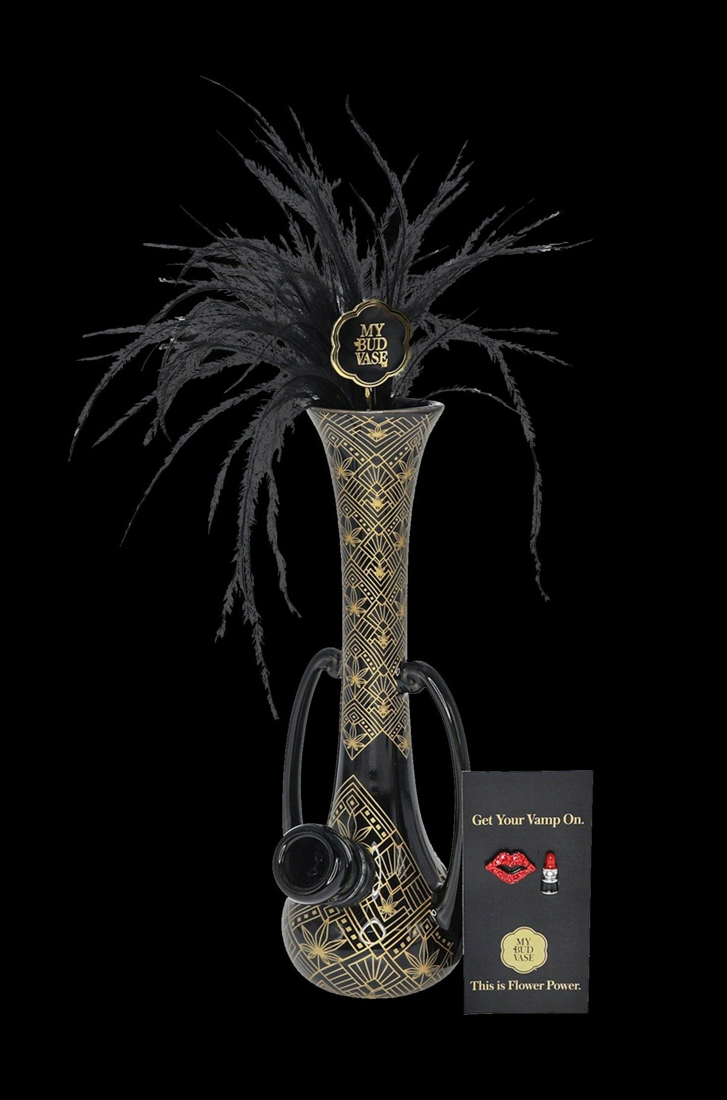 Art Deco-style glass cannabis vase with black feathers and a clear smoking pipe wrapped around it, accompanied by promotional branding.