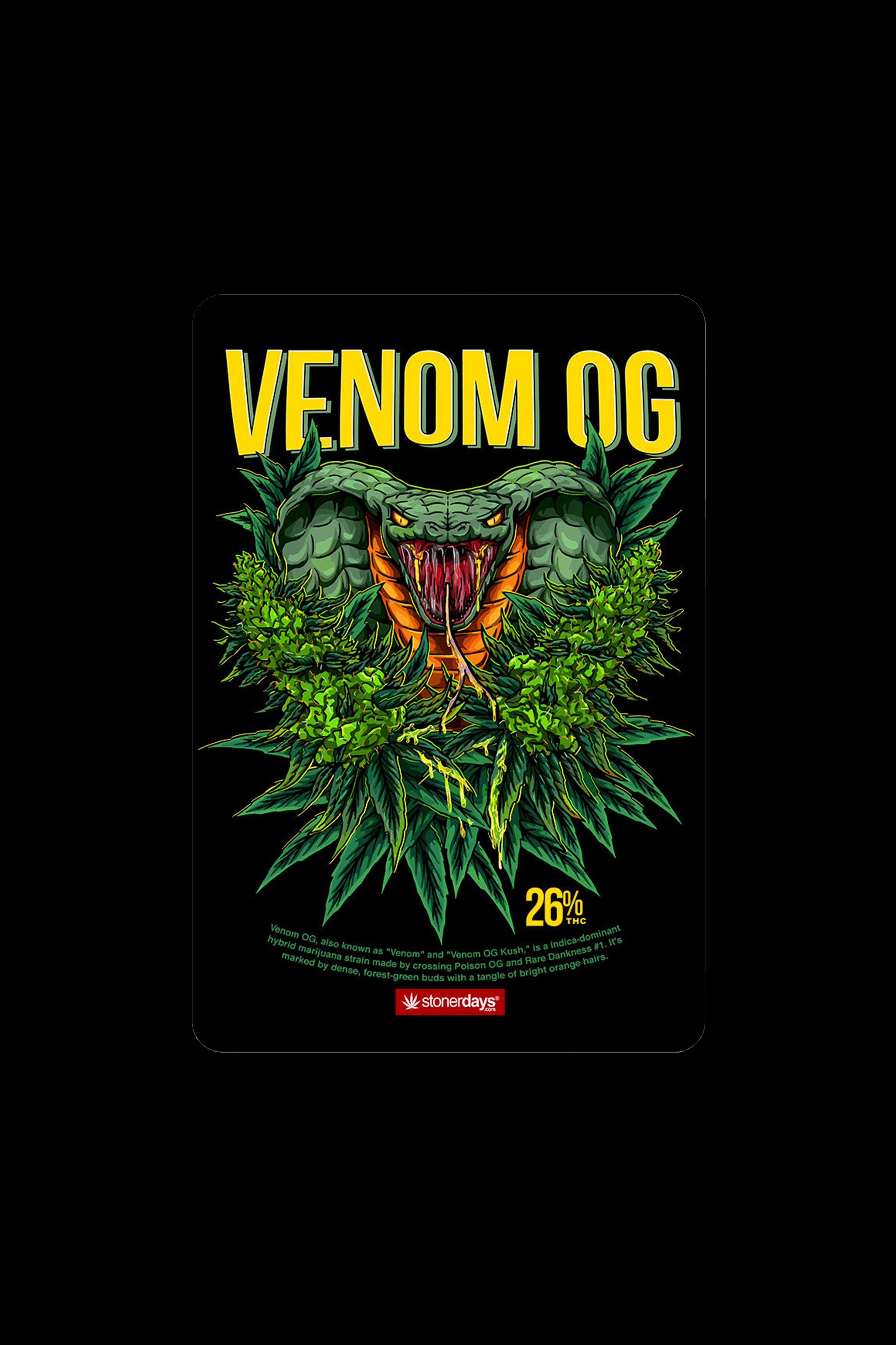 A vibrant poster advertising “Venom OG” cannabis strain, featuring a snake coiled around cannabis buds with glowing red eyes and text indicating a 26% THC level.
