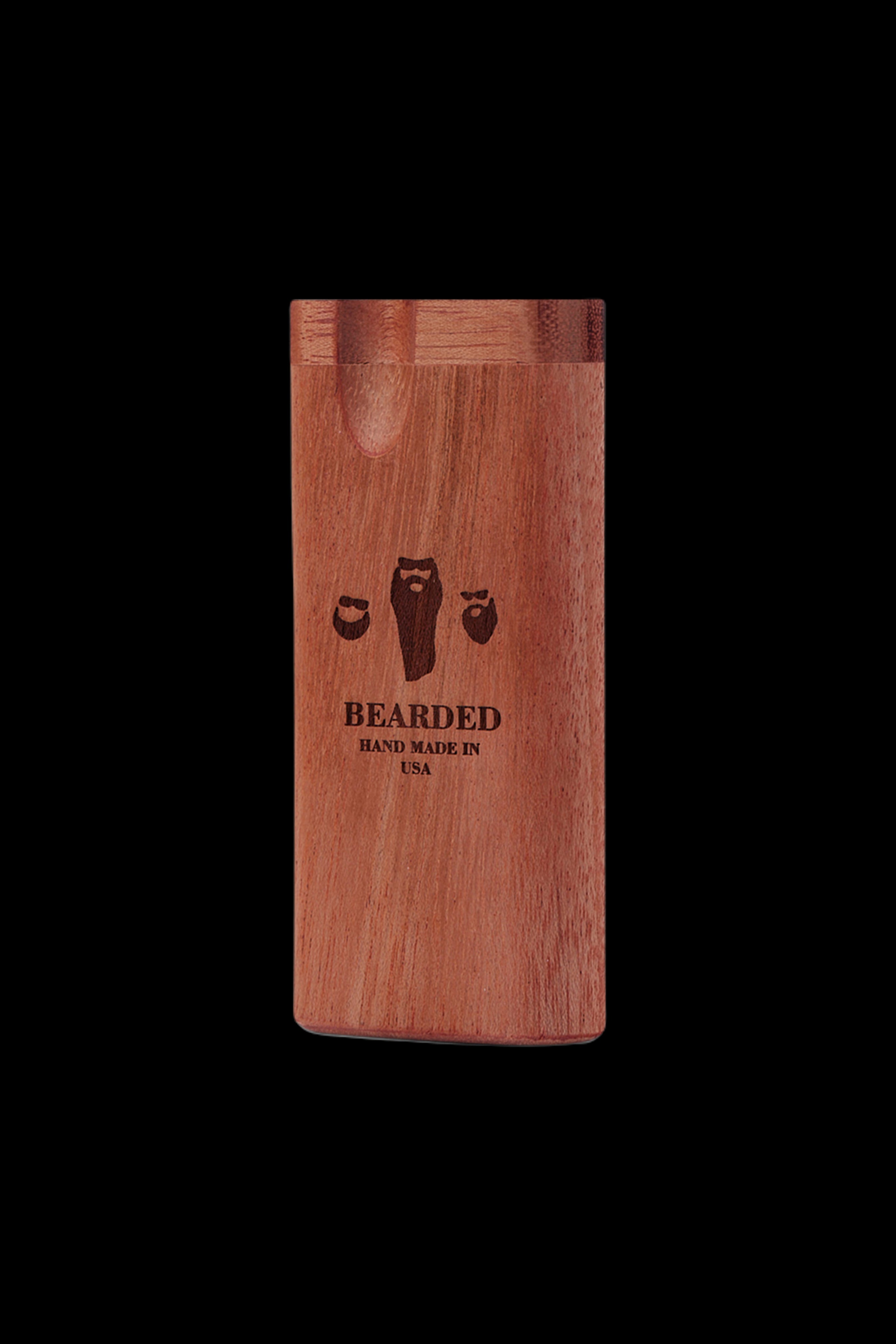 Wooden cannabis storage box with a beard-themed logo, labeled "Bearded" and "Hand Made in USA."