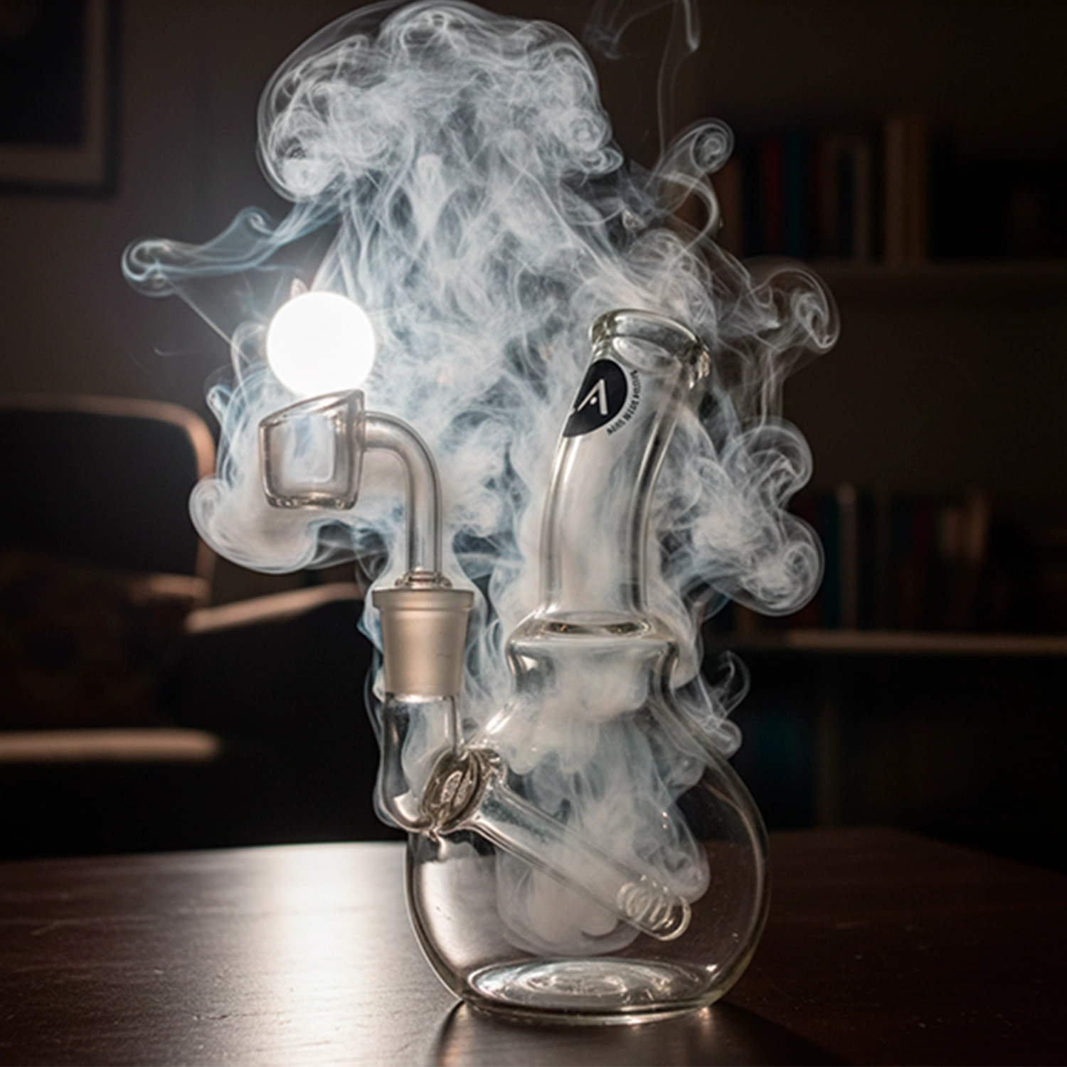Close-up front view of the LA Pipes Mini Bubble Base Concentrate Rig in clear glass with swirling smoke against a dim room background