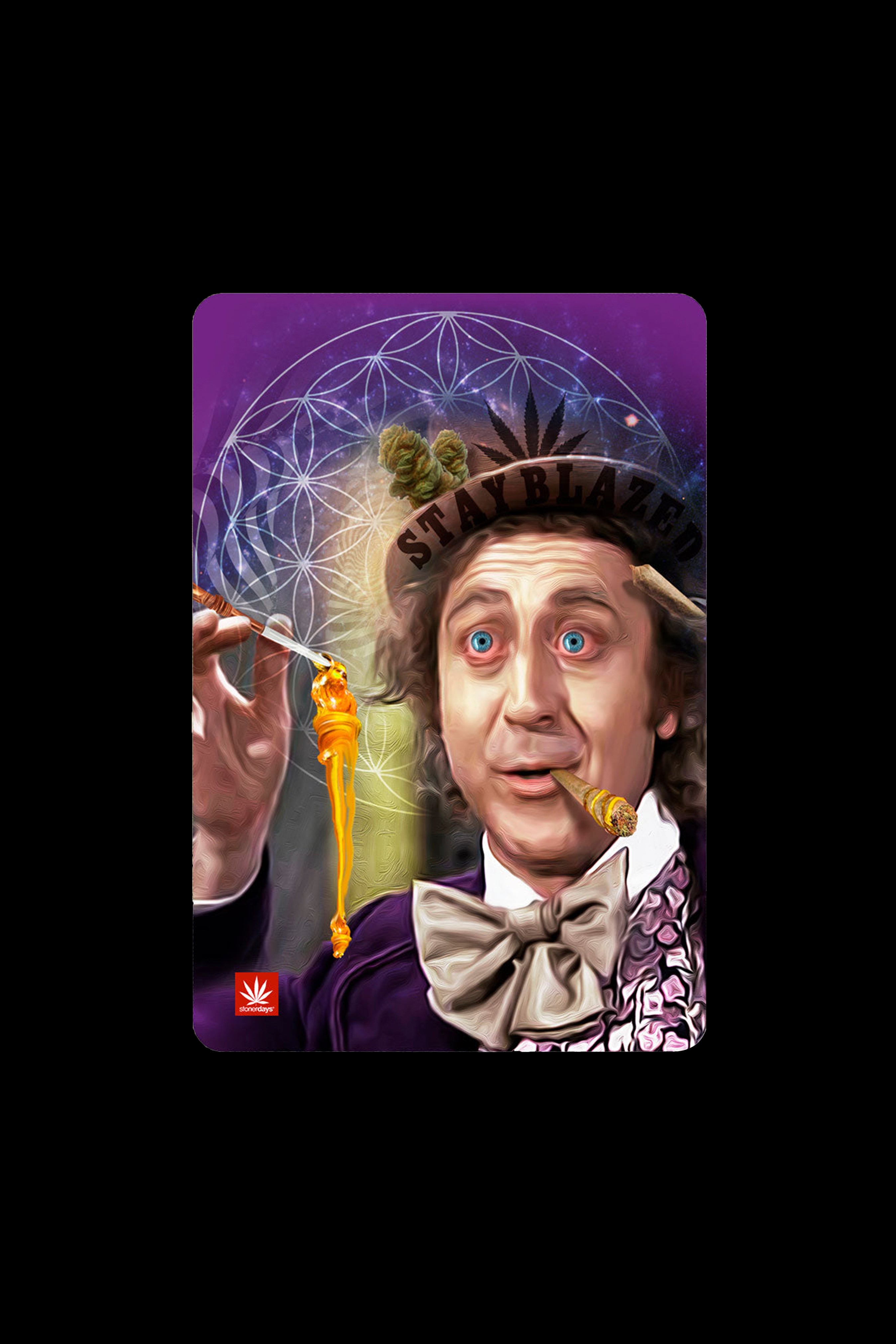 Digital painting of Vincent van Gogh with cannabis-themed elements, including a glowing cannabis bud, a lit joint, and dripping cannabis oil, set against a cosmic background with the text “Stay Blazed.”