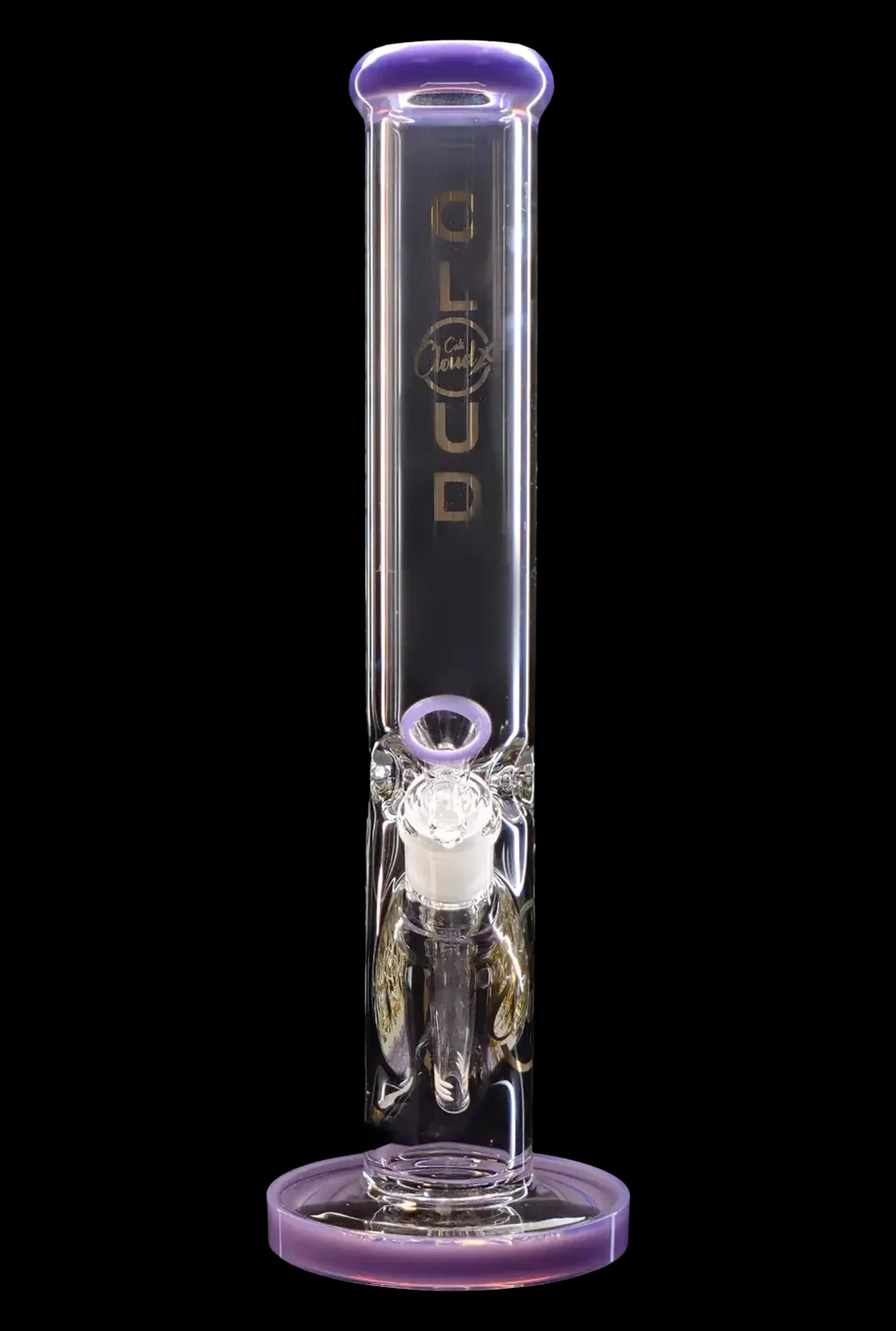 Purple and clear glass bong with intricate percolator details.