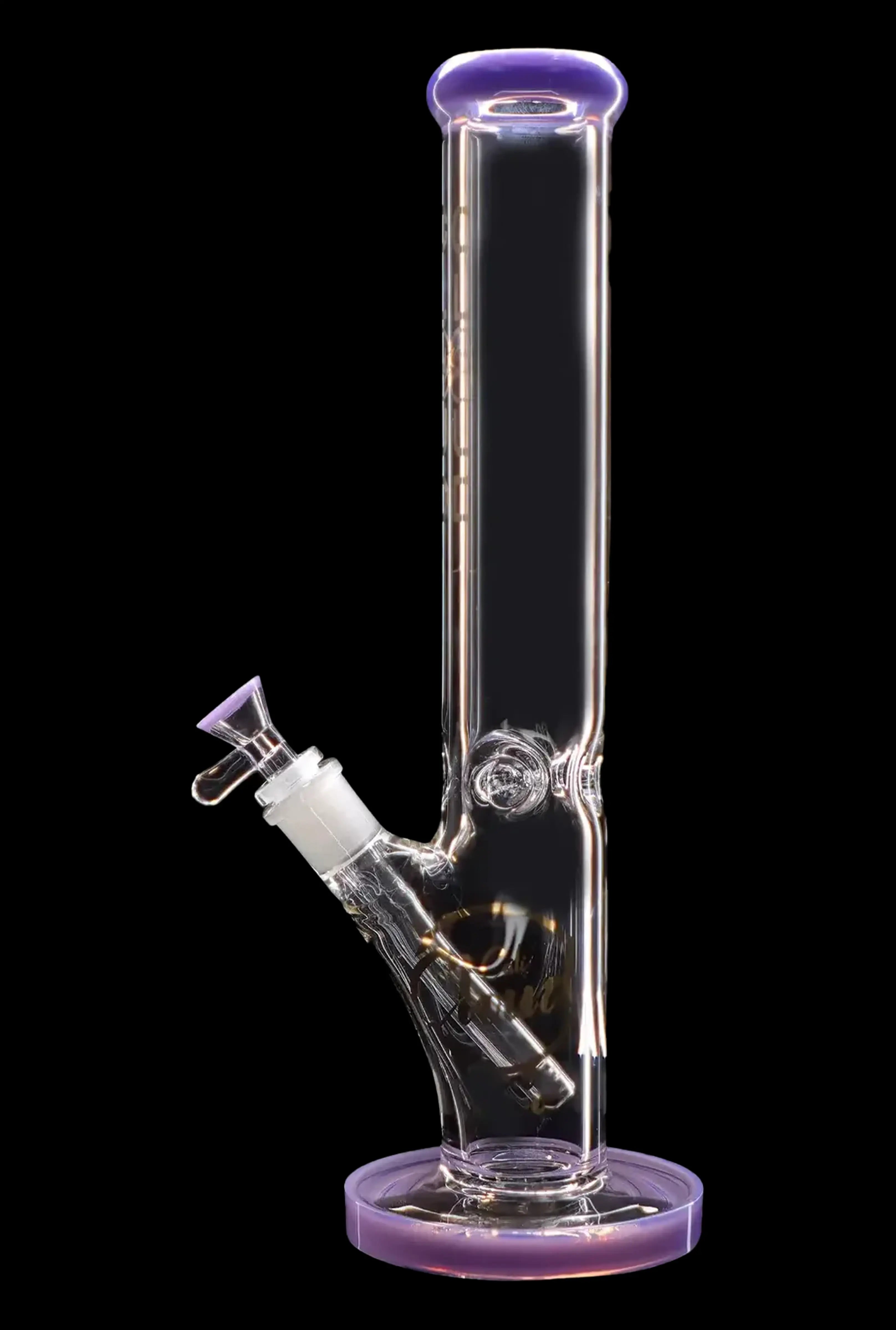 Clear glass water pipe (bong) with purple accents, studio shot on a black background.