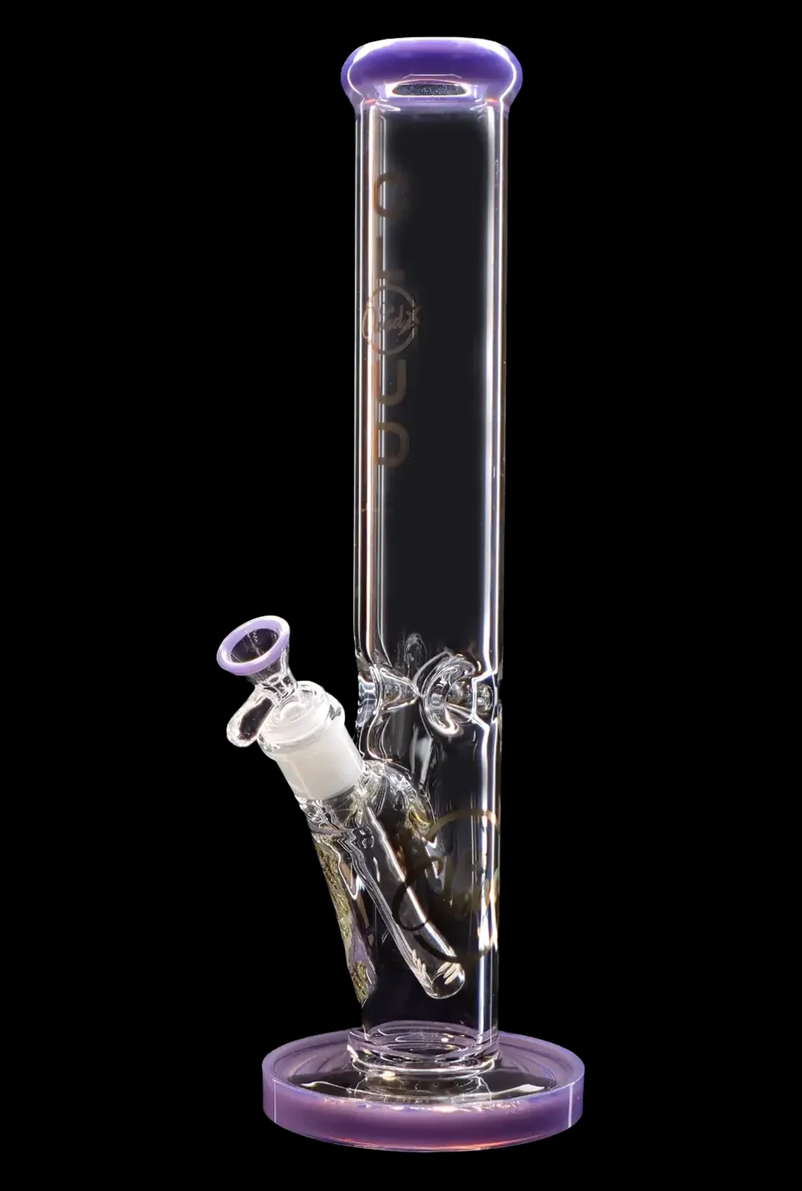 A clear glass bong with purple accents and intricate percolator details, isolated on a black background.