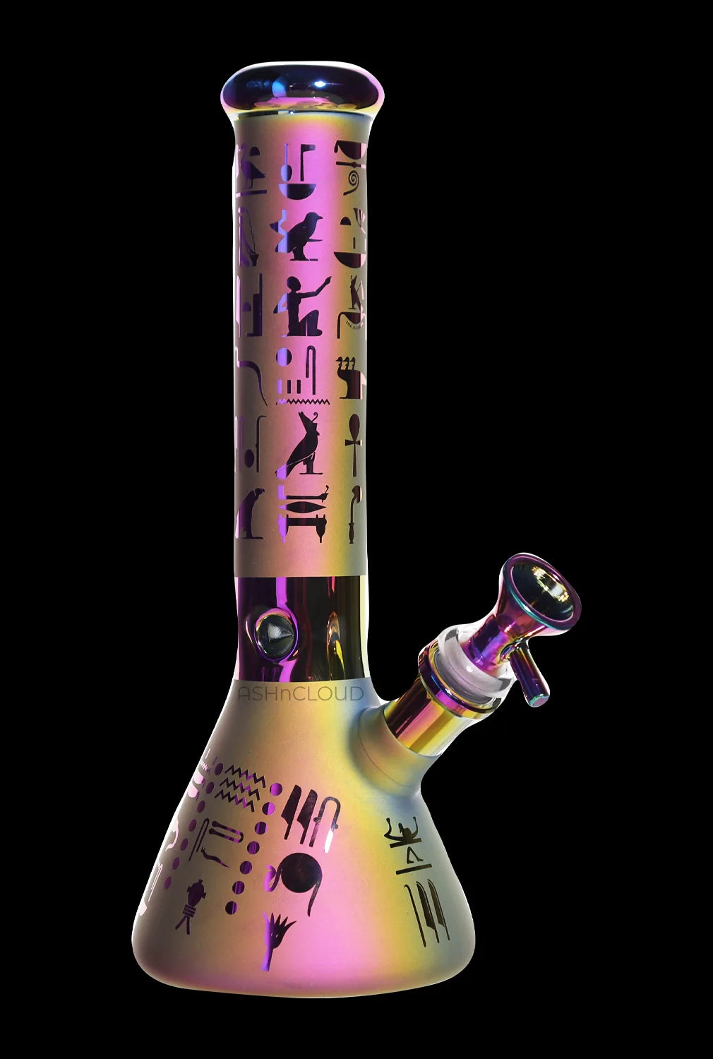 Straight-on view of the Smoke Cartel Electro Plated Beaker Bong - 10 in. showing iridescent pink-gold glass with black hieroglyphic motifs.