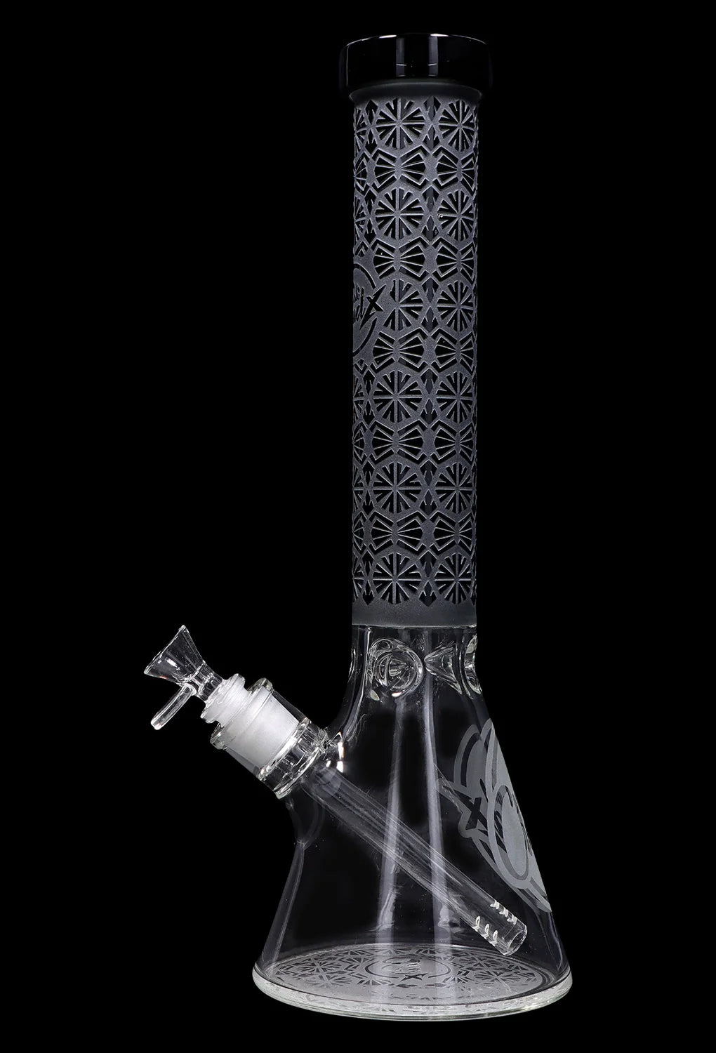 Clear glass bong with intricate frosted geometric patterns and a detachable downstem.