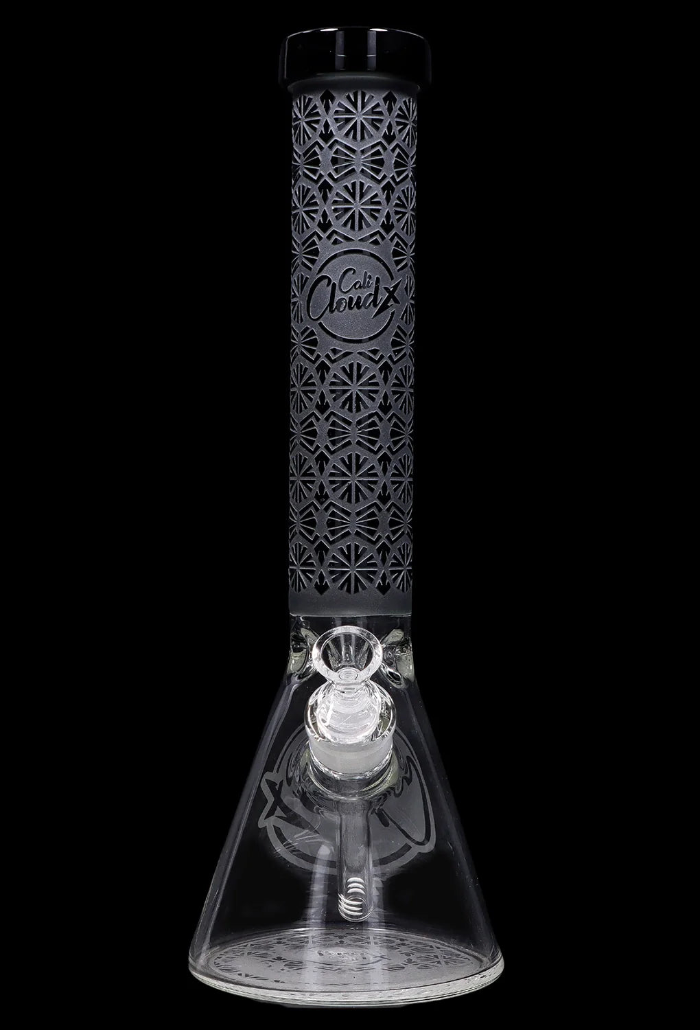 Front view of the Cloud Cali X 15-inch Engraved Thick Base Beaker Water Pipe, showcasing its detailed engraving and clear glass construction.