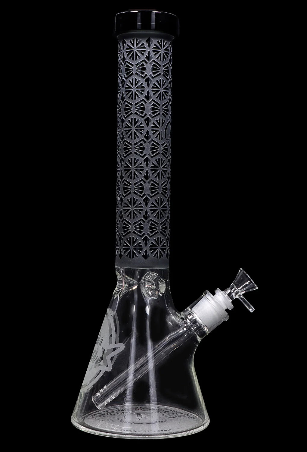 A front view of the 15-inch Cloud Cali Engraved Thick Base Beaker Water Pipe, displaying intricate engravings on clear glass.