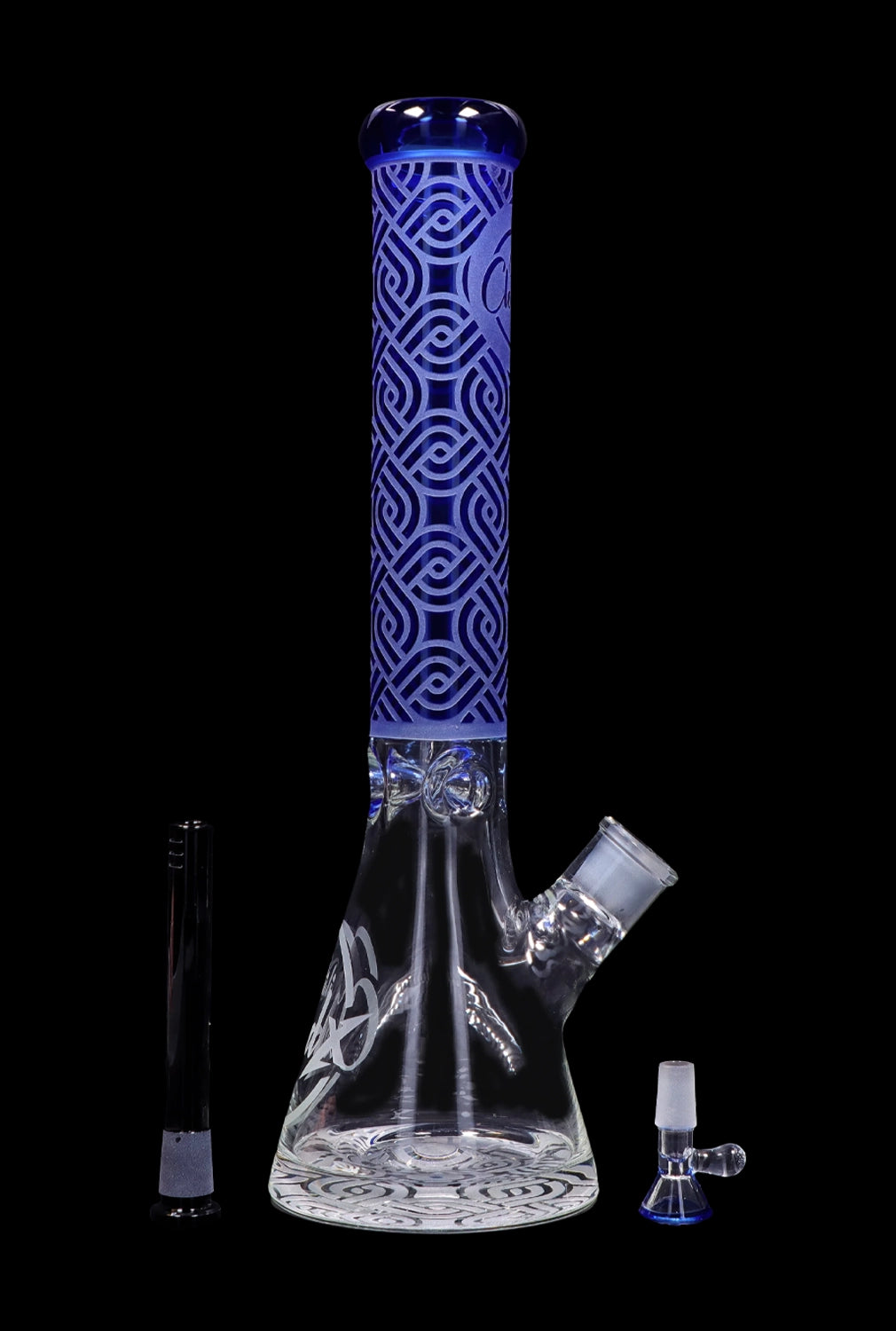 Front view of the Cloud Cali X 15-inch Engraved Thick Base Beaker Water Pipe, showing a detailed engraved design on clear glass.