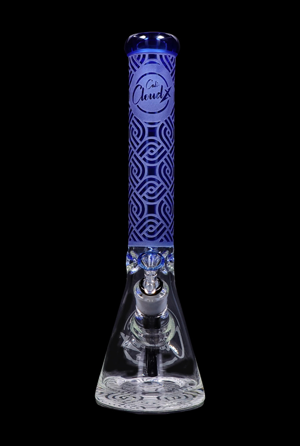 A front view of the Cloud Cali X 15-inch Engraved Thick Base Beaker Water Pipe, featuring detailed engravings on its clear glass base.
