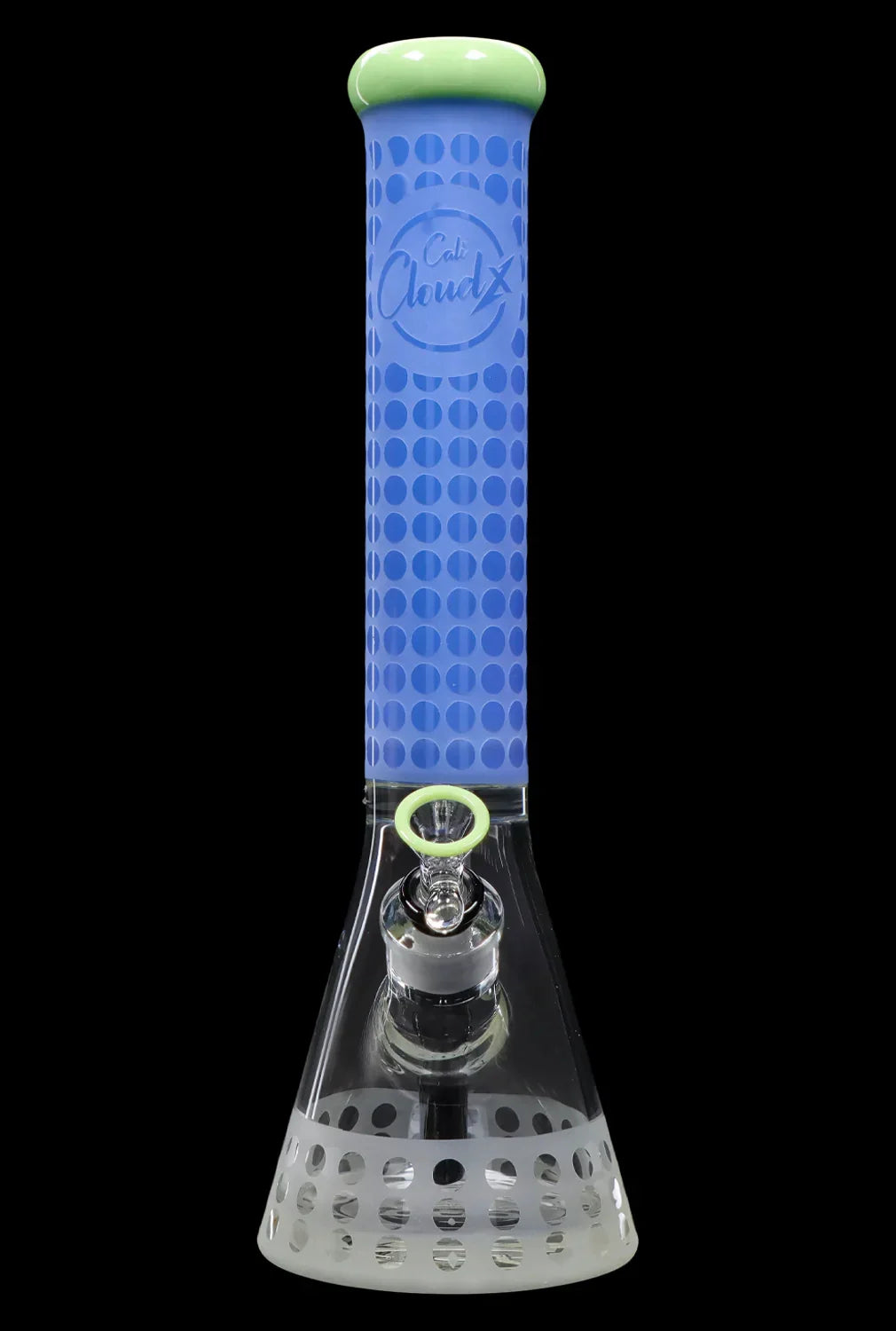 Blue and clear glass water pipe (bong) with a patterned sleeve and protective base.