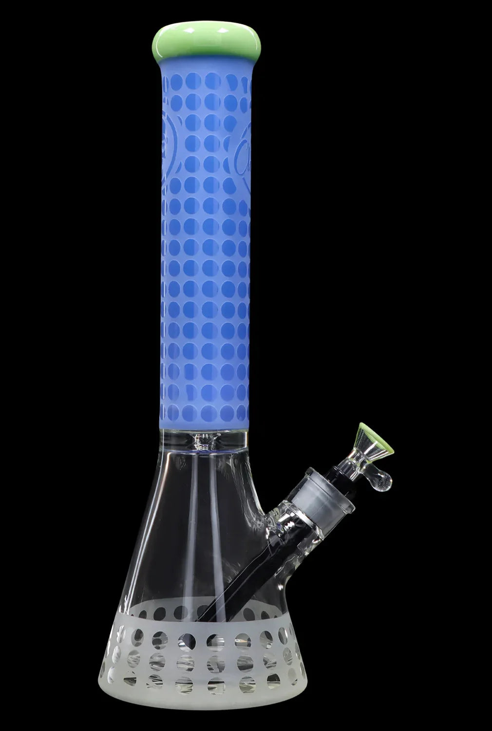 Blue and clear glass bong with a protective silicone base.