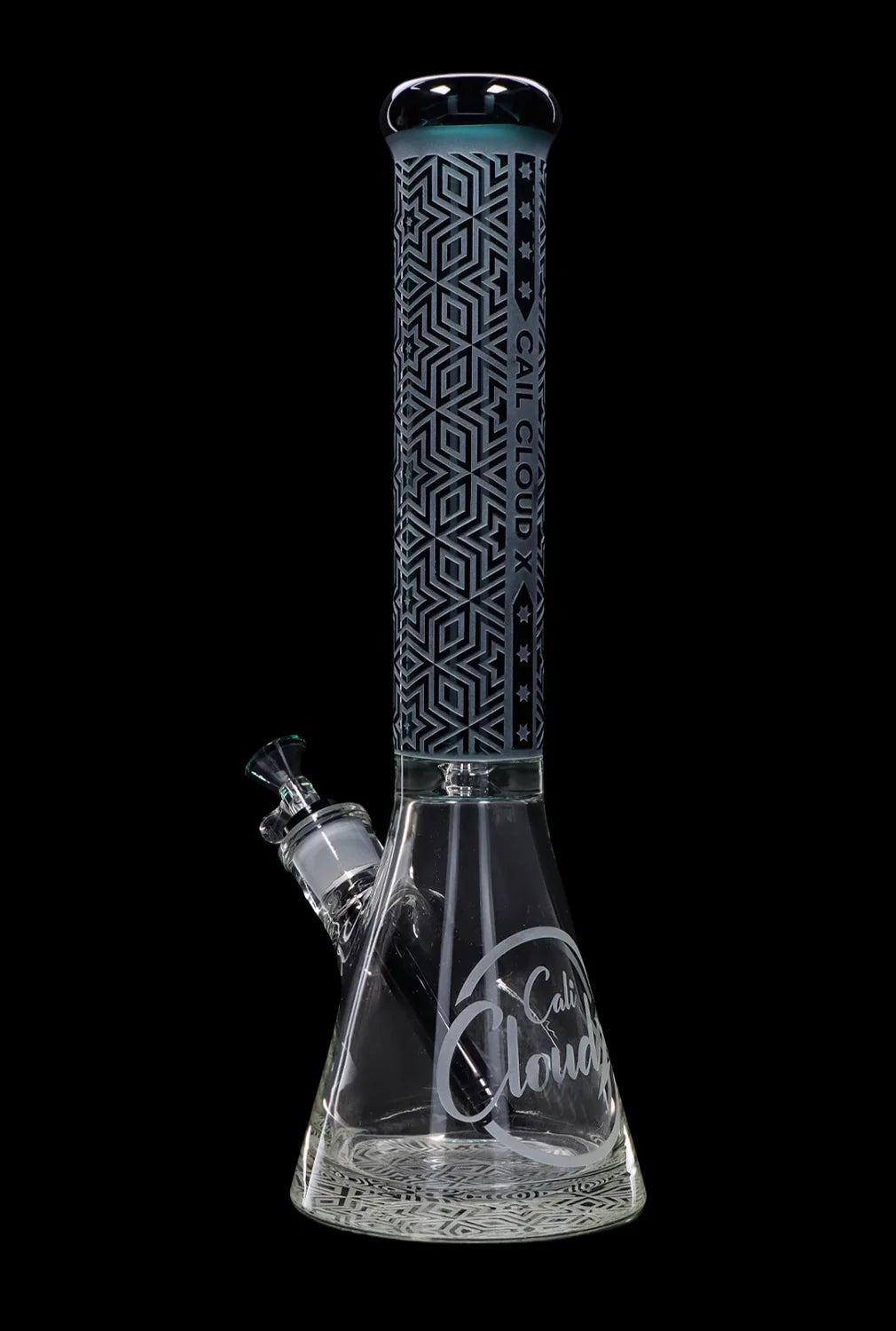Glass water pipe (bong) with intricate geometric patterns and “Cali Cloud” branding, isolated on a black background.