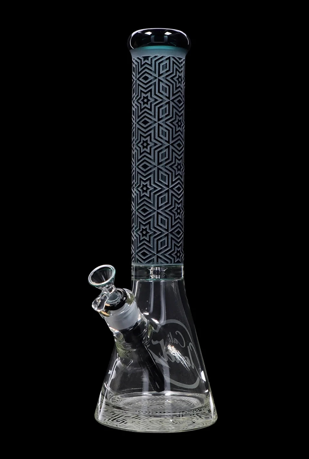 A tall, intricately patterned glass bong with a blue accent, isolated on a black background.