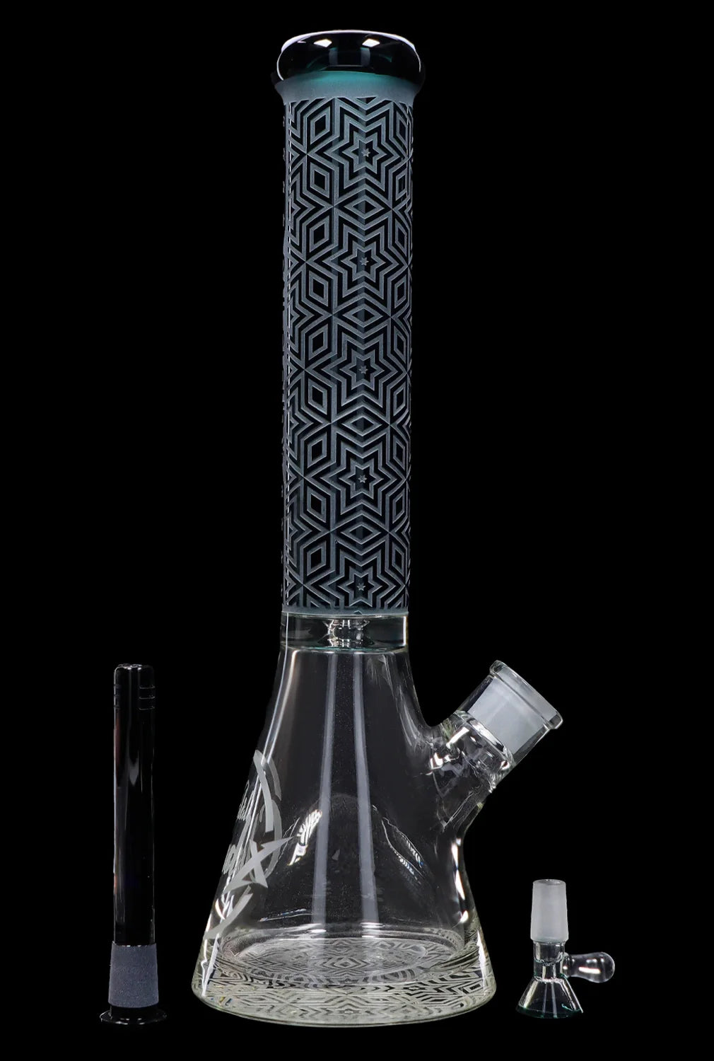 A tall, patterned glass bong with a flared base, accompanied by a downstem and bowl.
