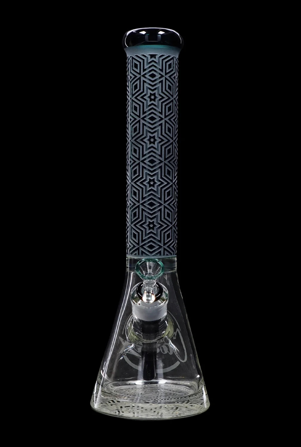 Tall glass water pipe (bong) with geometric patterns and a clear base, isolated on a black background.