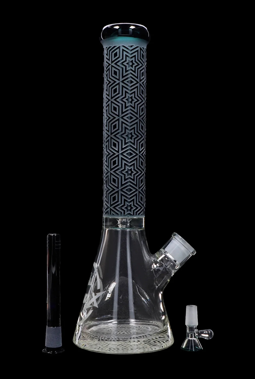 Tall glass water pipe (bong) with geometric etching and blue accents, displayed with its downstem and bowl.