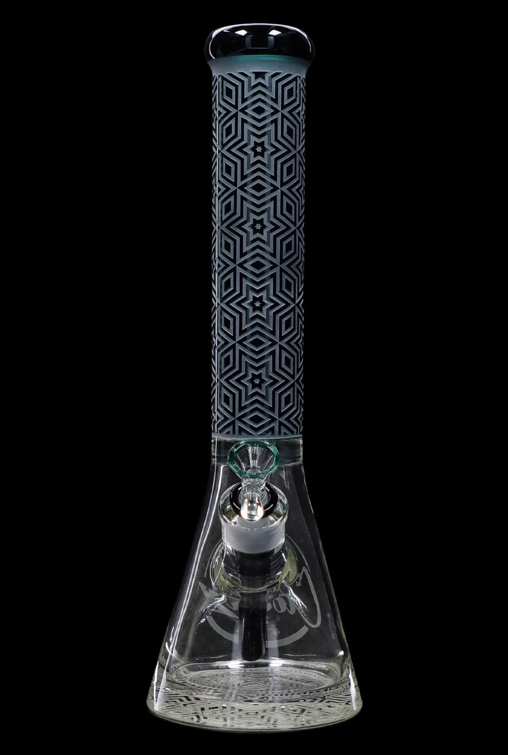 Glass bong with intricate geometric pattern and percolated base, isolated on black.