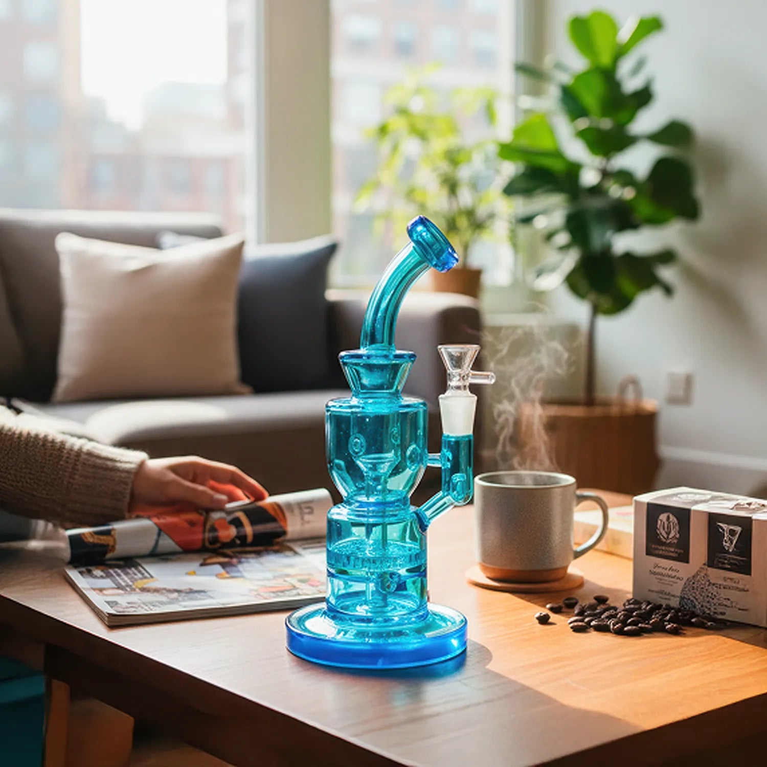 Front view of the Smoke Cartel Neon Bent Neck with Honeycomb Percolator and Thick Base Bong in blue on a sunlit coffee table.