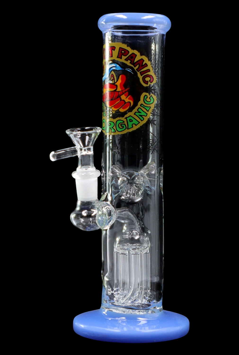 Blue glass water pipe (bong) with percolators and a removable bowl.