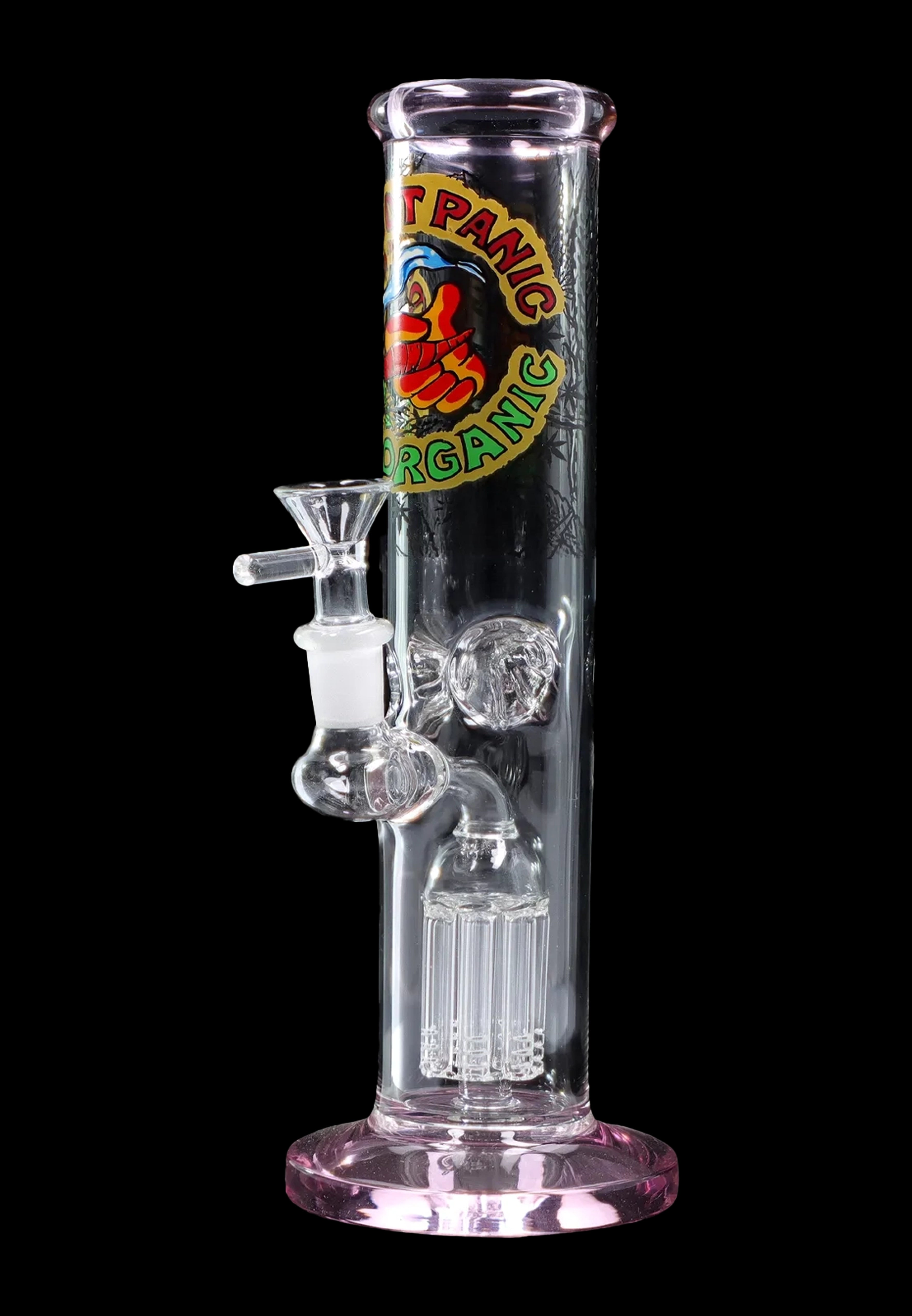 Pink glass water pipe (bong) with intricate bubblers and a “Panic Organic” logo.