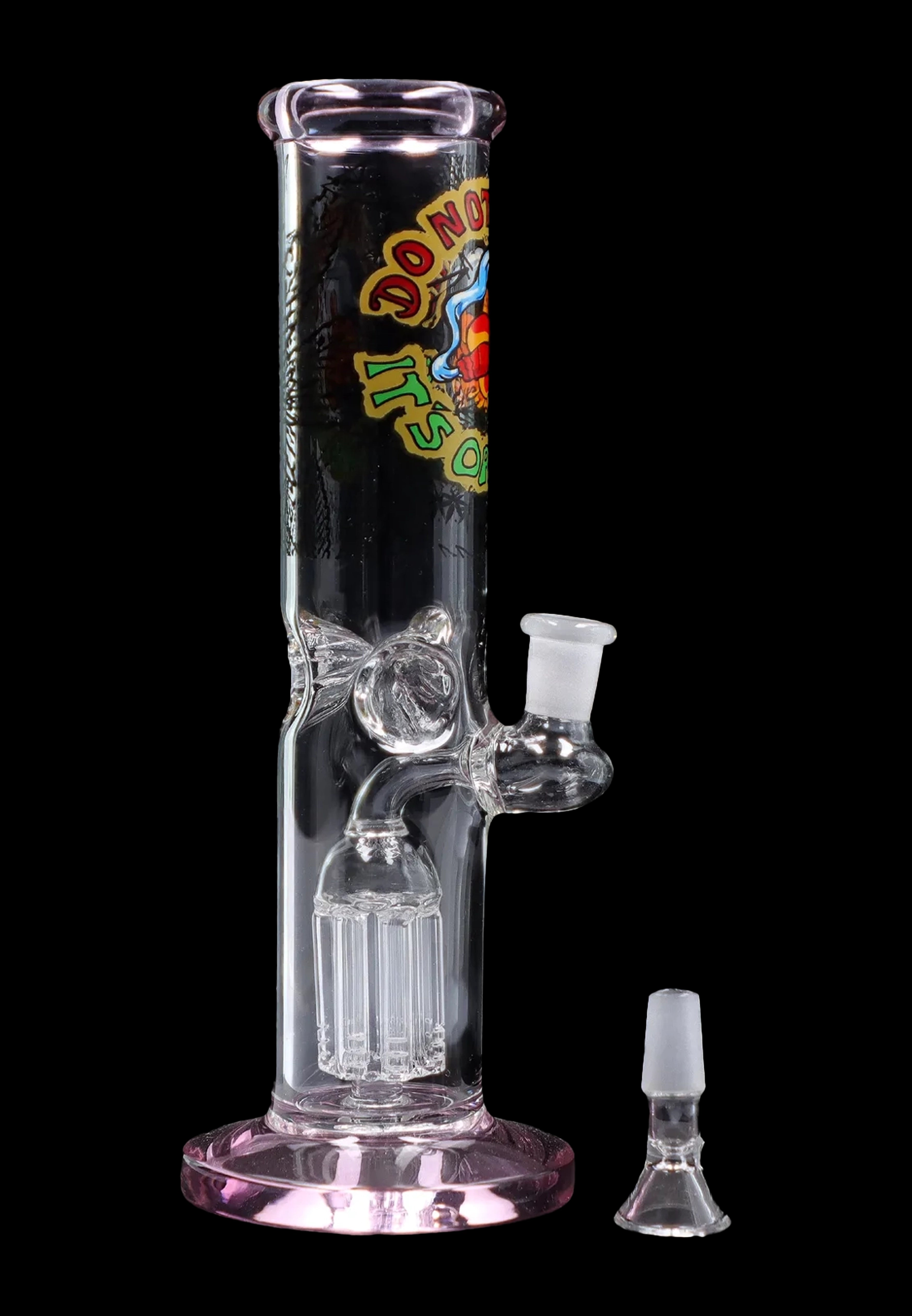 Pink glass water pipe with ice chamber and detachable downstem.