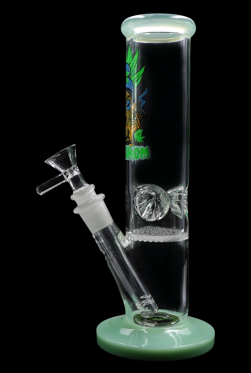 A green glass water pipe (bong) with ice catch and patterned artwork.