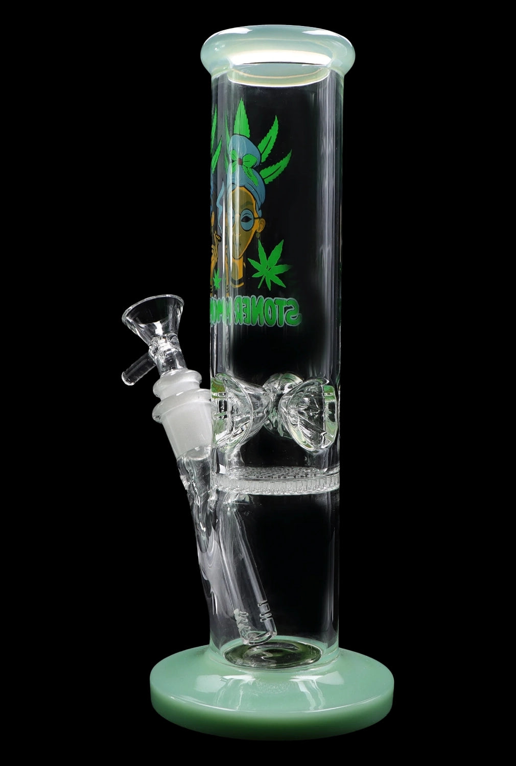 Green glass bong with percolator and cannabis-themed graphic.