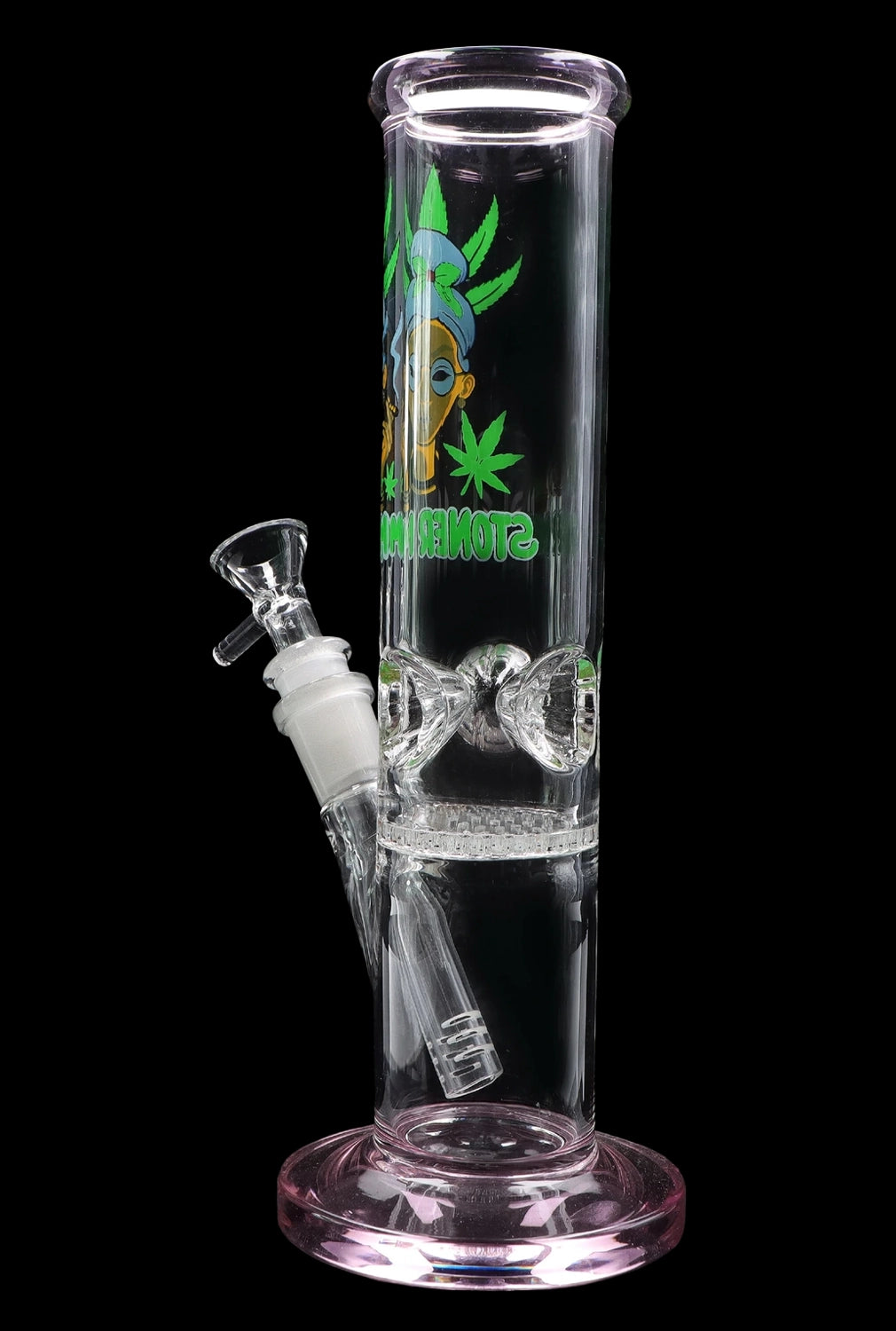 Glass bong with cannabis leaf graphics and percolators.