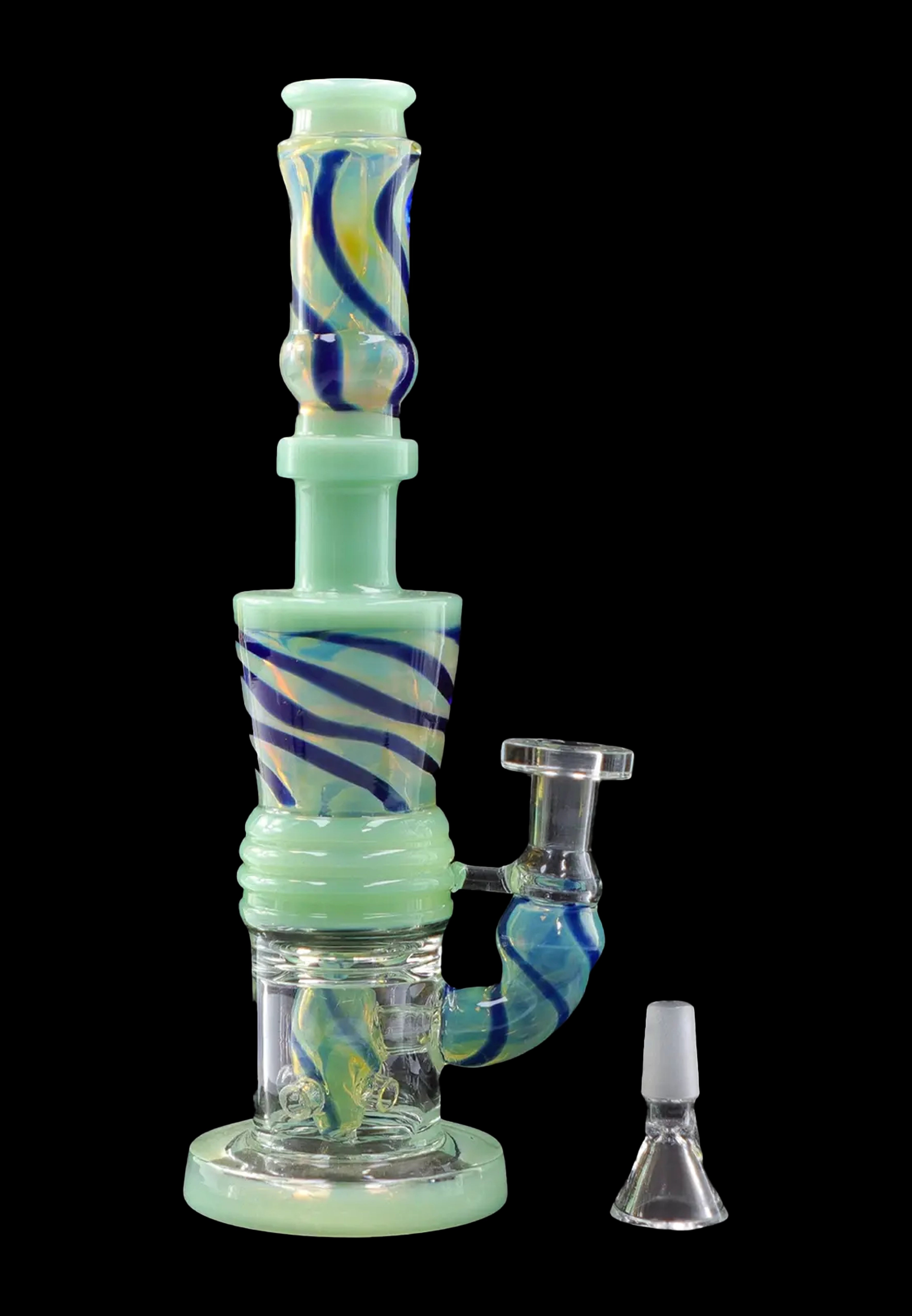 Green glass water pipe (bong) with blue and yellow swirls, accompanied by a glass bowl.