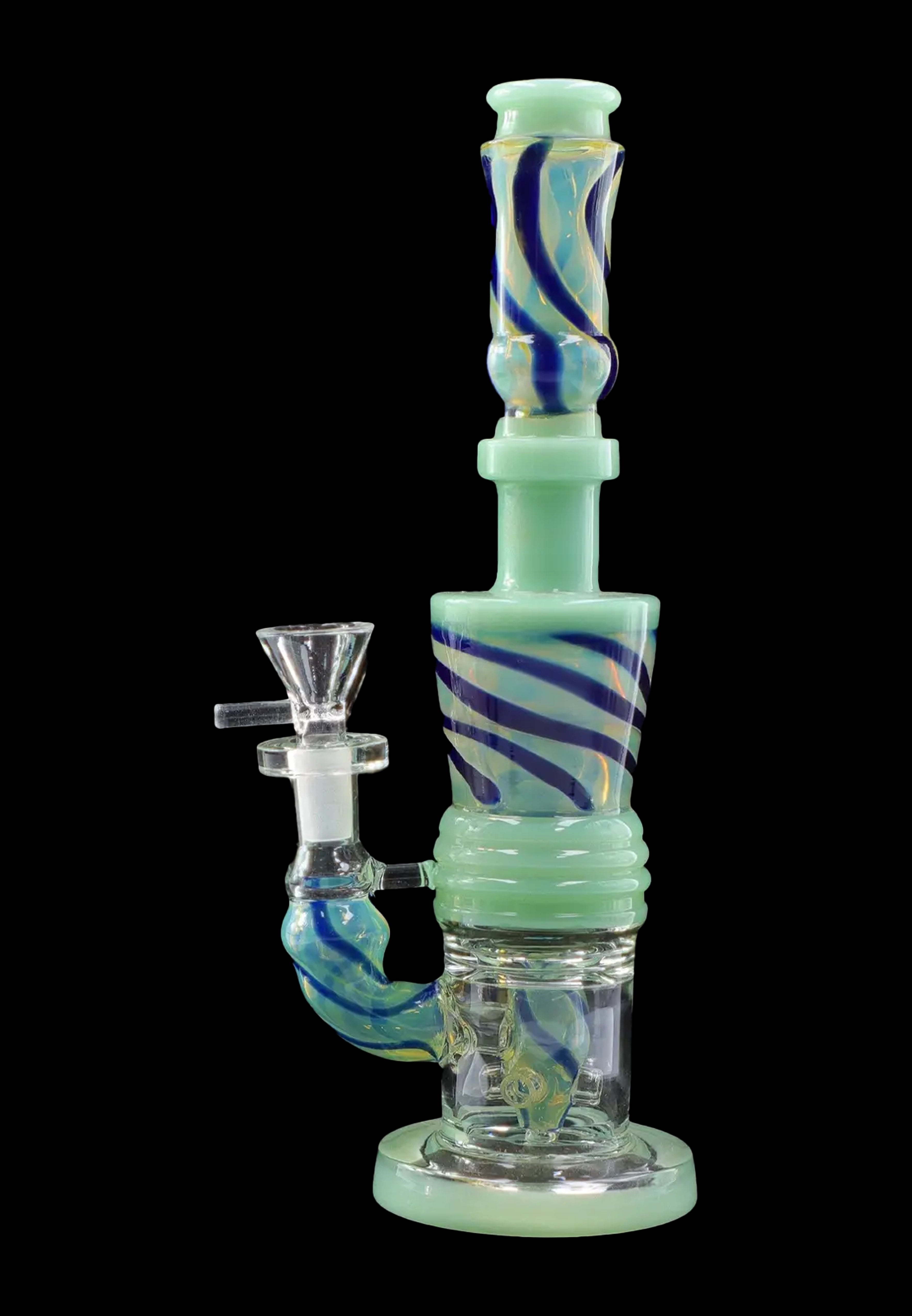 A vibrant green and blue glass bong with intricate swirling patterns and a detachable glass bowl.