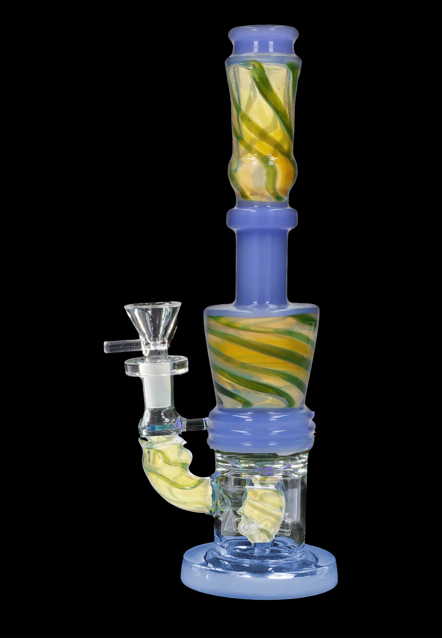 Front view of the 11-inch Galaxy Color Water Pipe with Showerhead Perc, showing its swirling blue and green glass design.