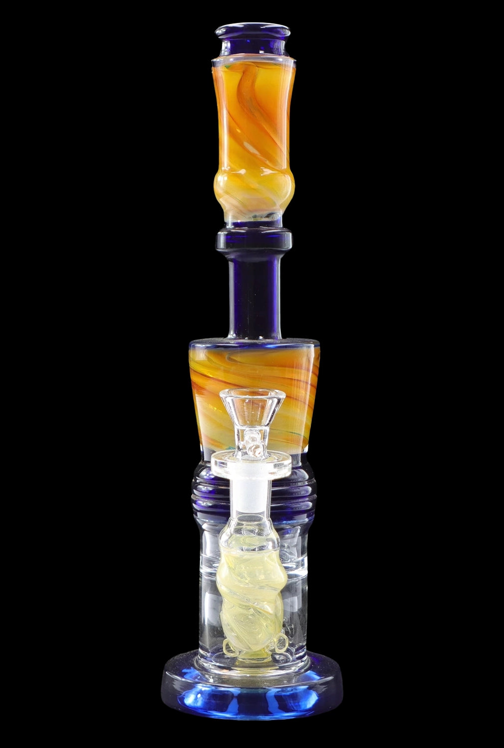Blue and orange glass water pipe (bong) with a glass bowl, isolated on a black background.