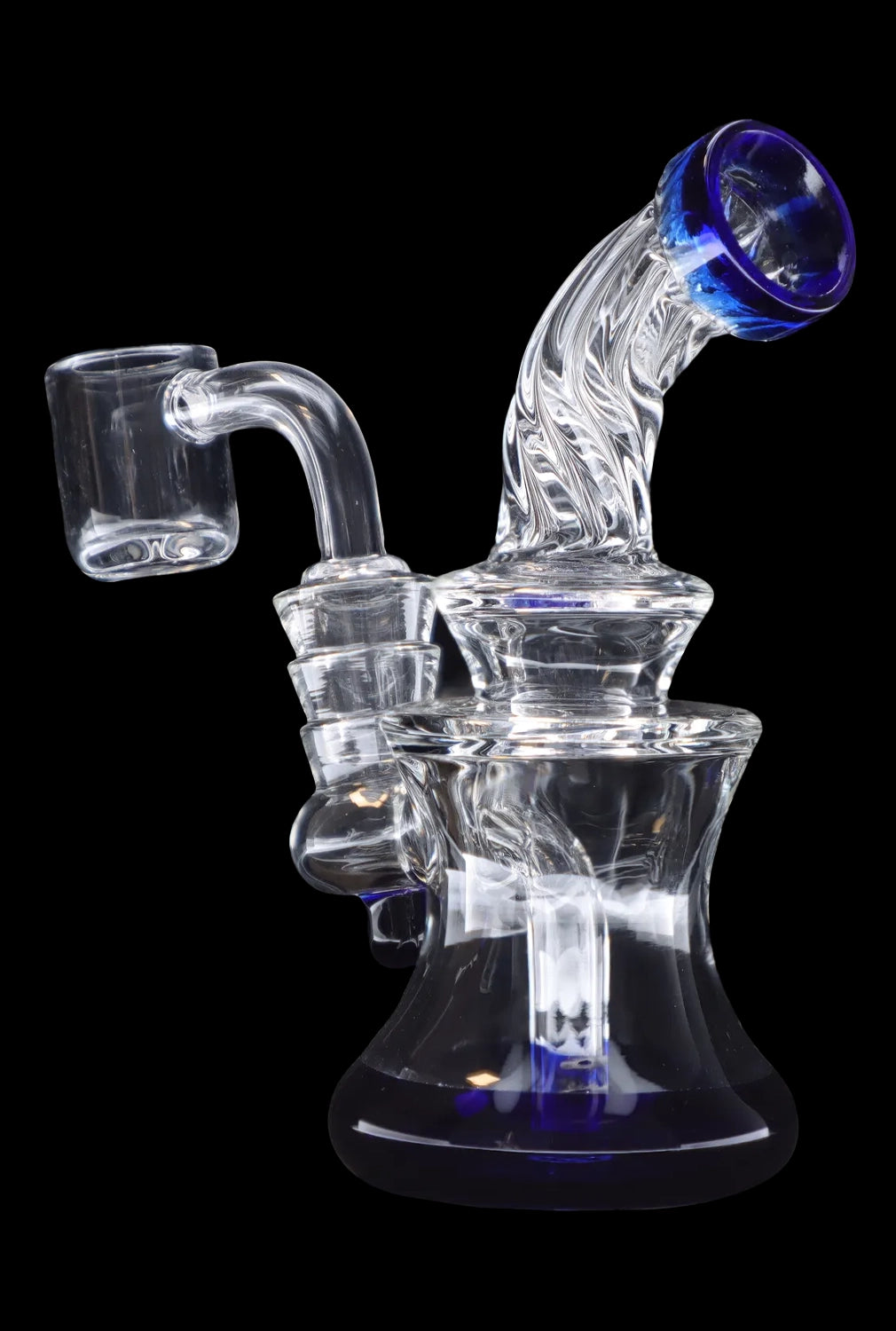 Clear glass dab rig with blue accents and a quartz banger.