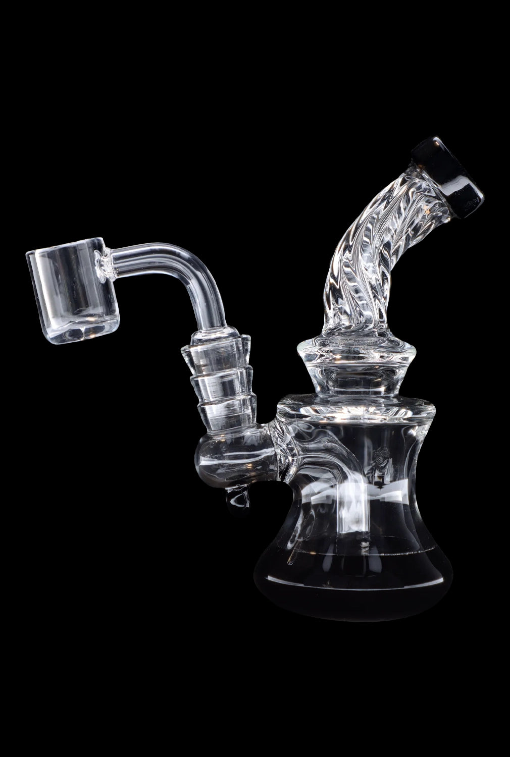 Clear glass dab rig with quartz banger, isolated on black.