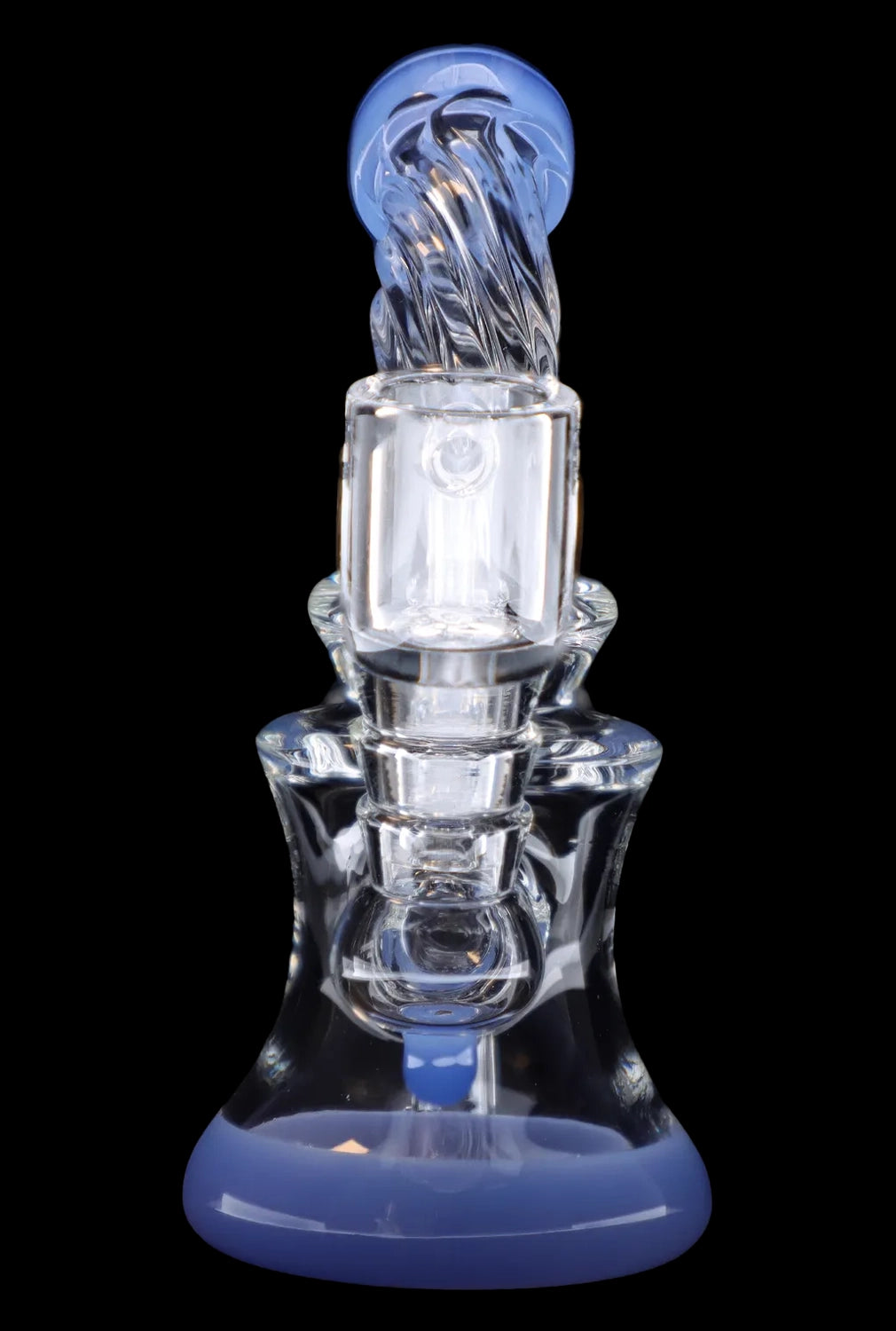 Blue glass dab rig with intricate percolator design.