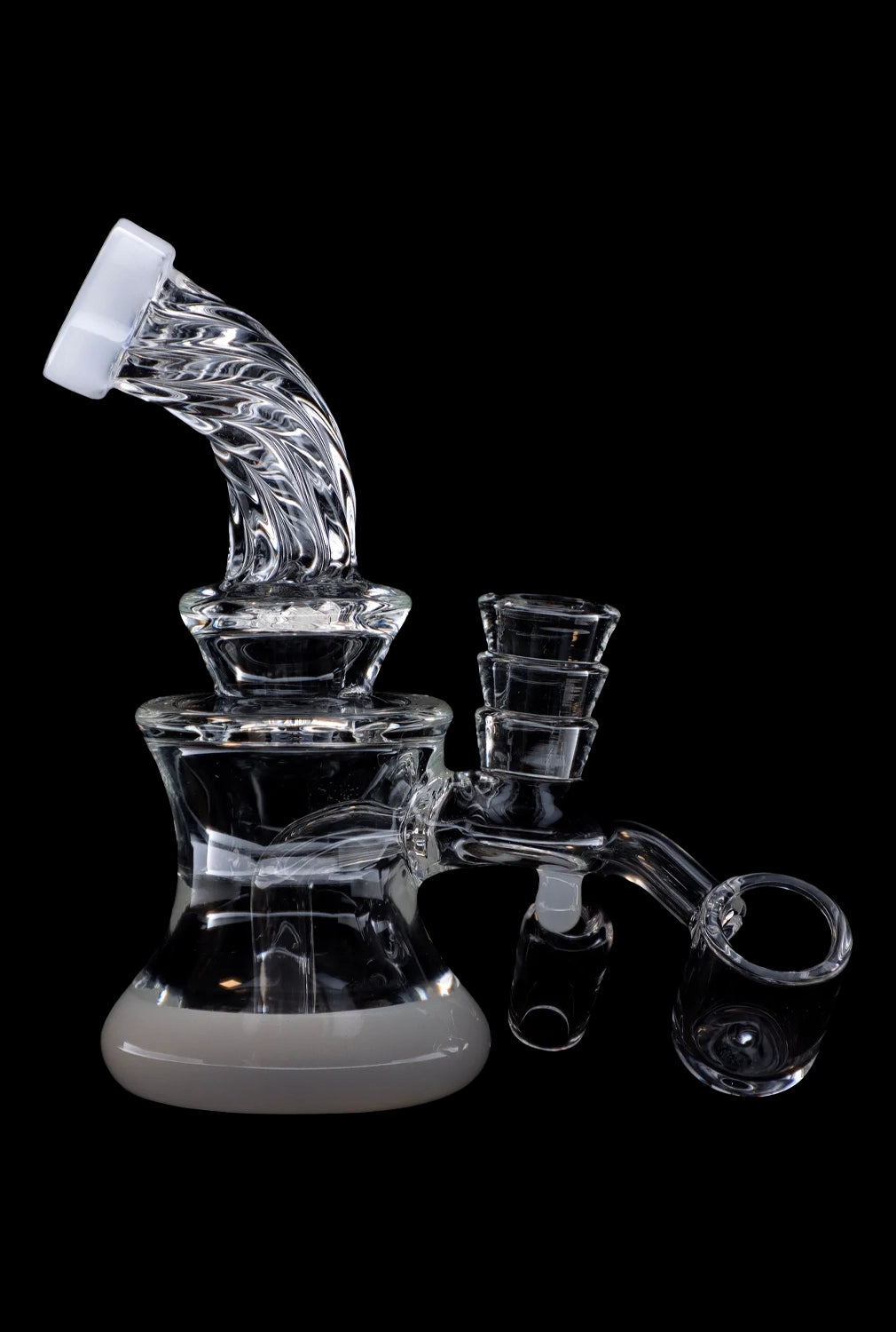 Clear glass rig with multiple chambers and accessories against a black background.