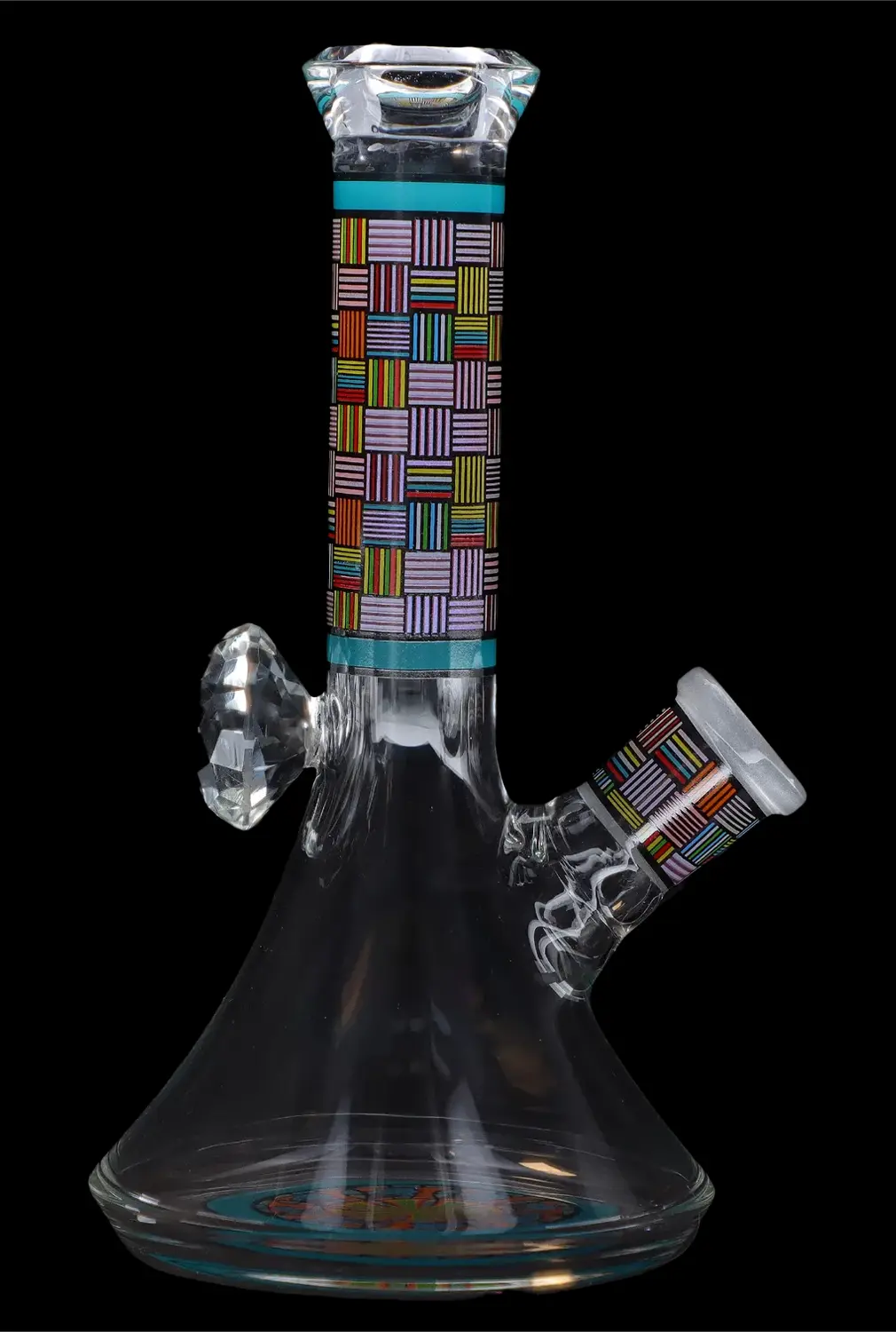 Glass bong with colorful geometric pattern and ice catcher.
