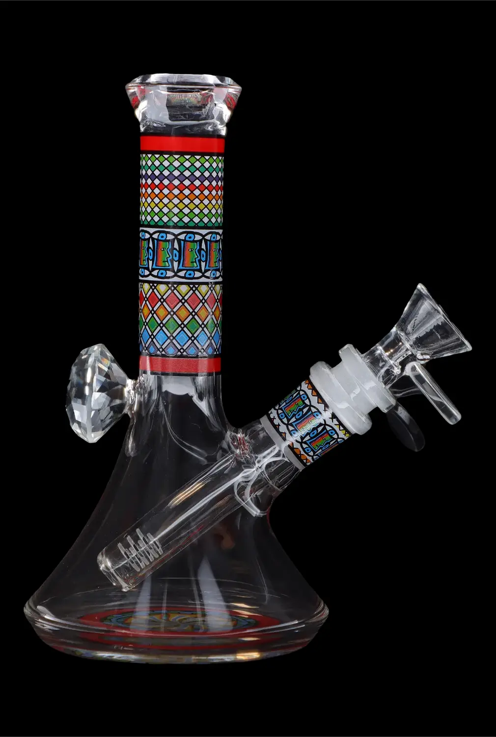 A glass bong with colorful geometric patterns and ice catch, set against a black background.