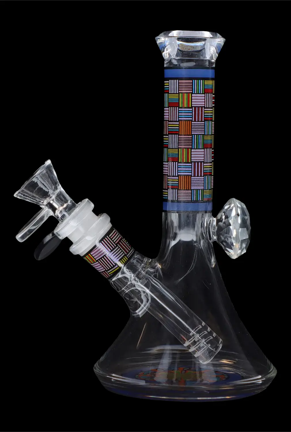 Glass water pipe (bong) with colorful geometric patterns against a black background.