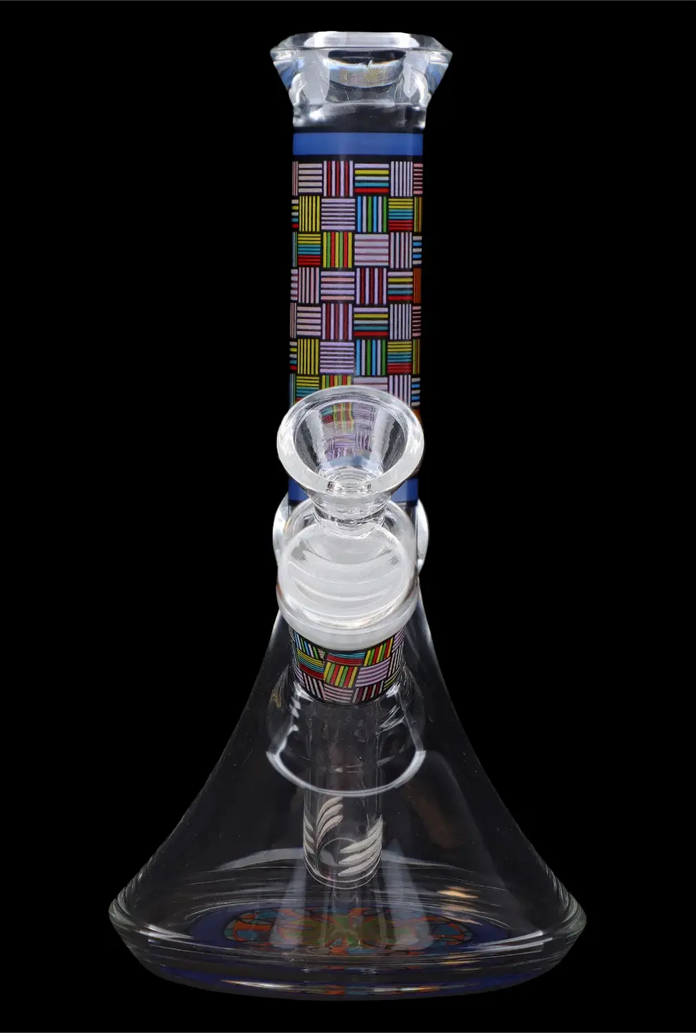 Glass bong with colorful geometric patterns and percolator.