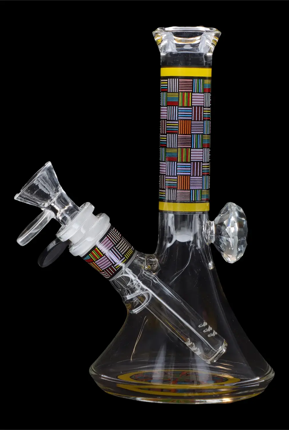 Glass water pipe (bong) with colorful geometric pattern and ice catcher.