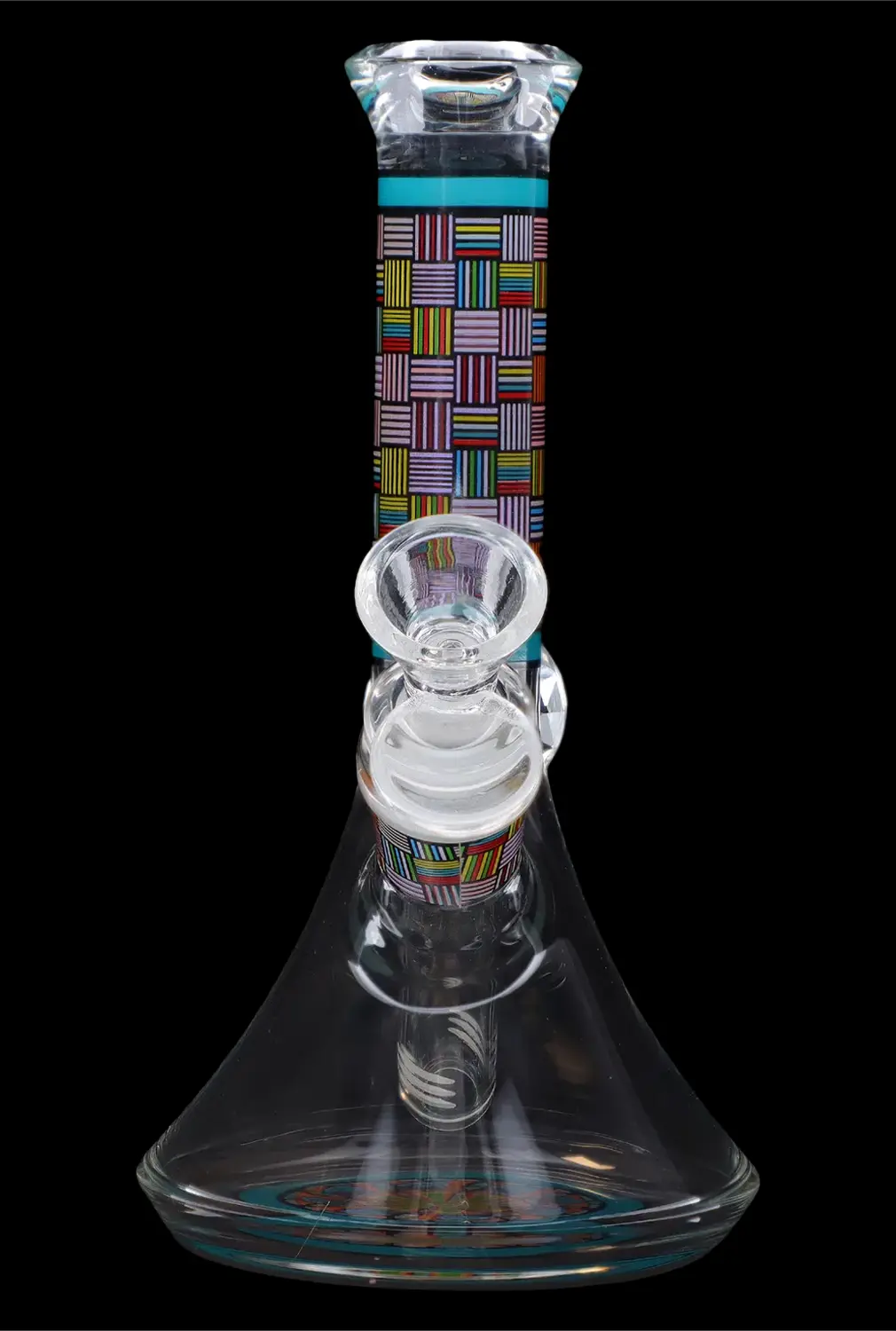 Colorful glass water pipe (bong) with geometric patterns.