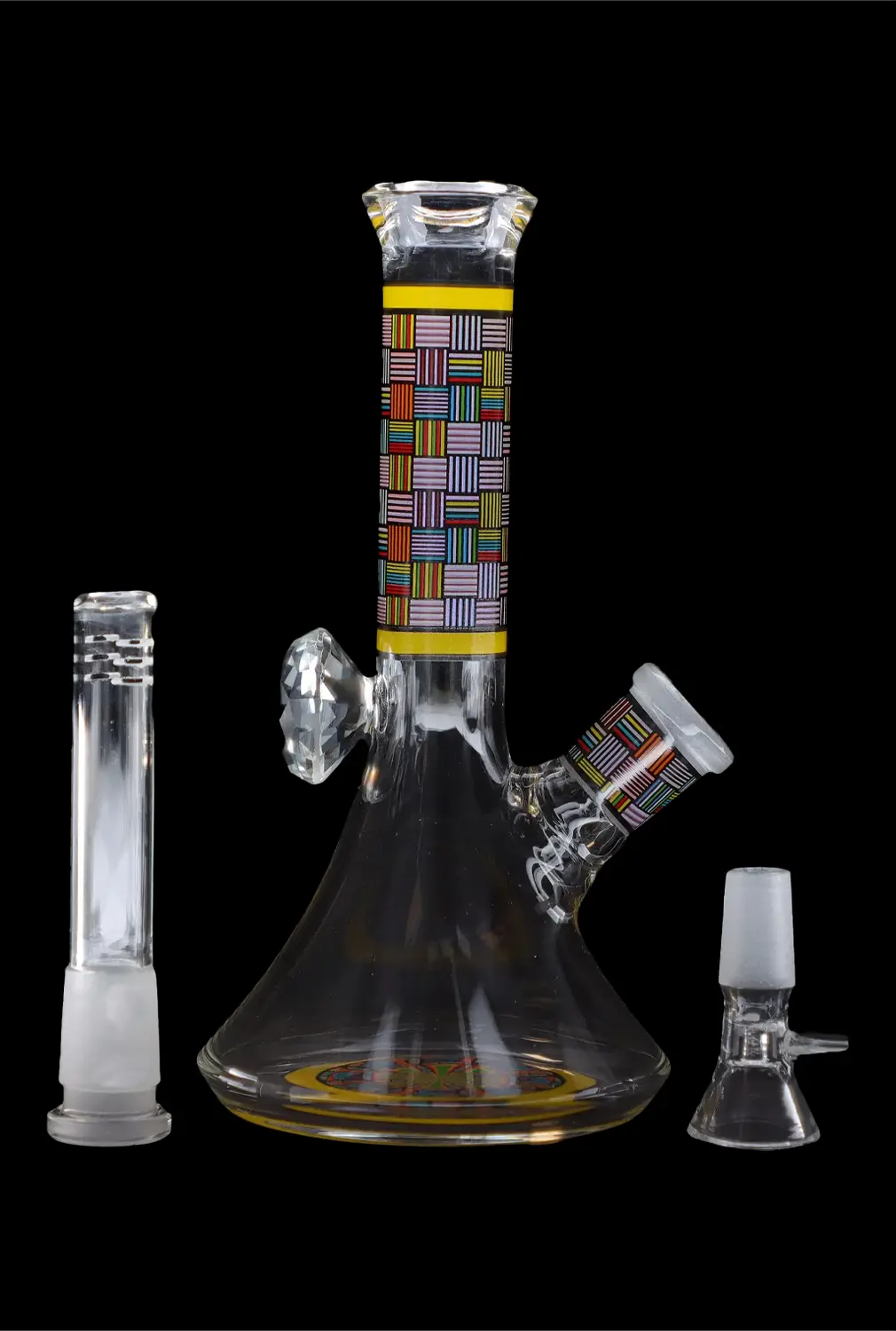 Glass bong with colorful patterned accents and accompanying downstem and bowl.